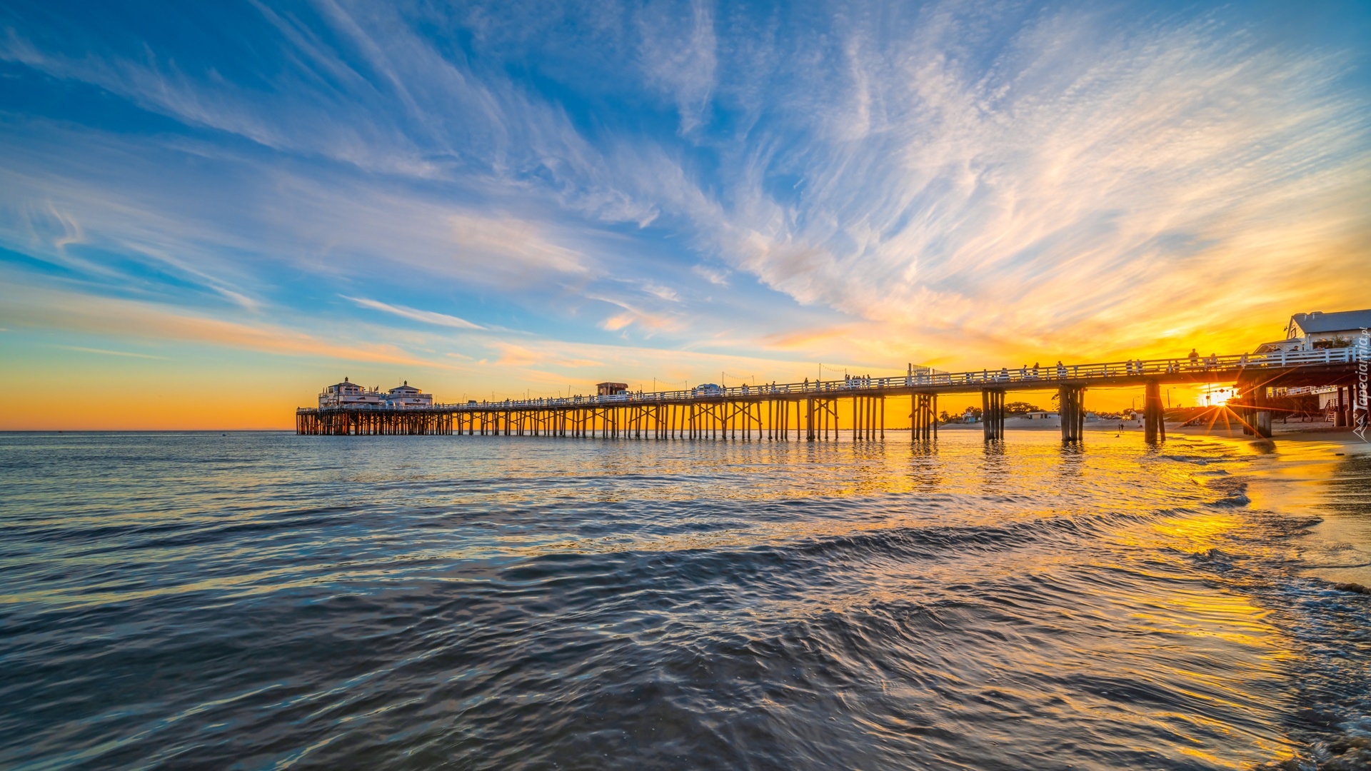 Morze, Plaża, Molo, Wschód słońca, Malibu, Kalifornia, Stany Zjednoczone