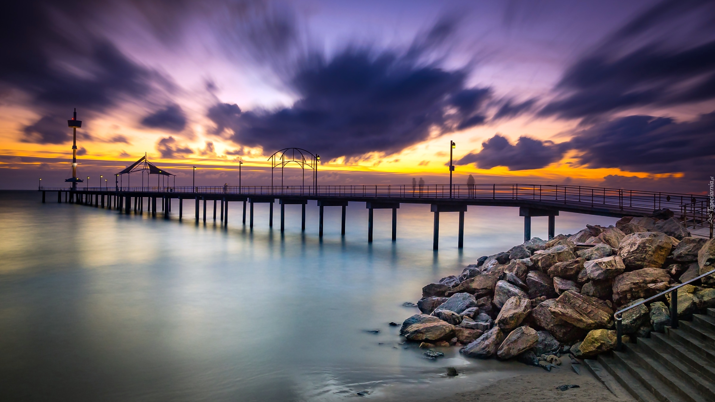 Australia, Brighton Beach, Molo, Morze, Zachód słońca, Kamienie