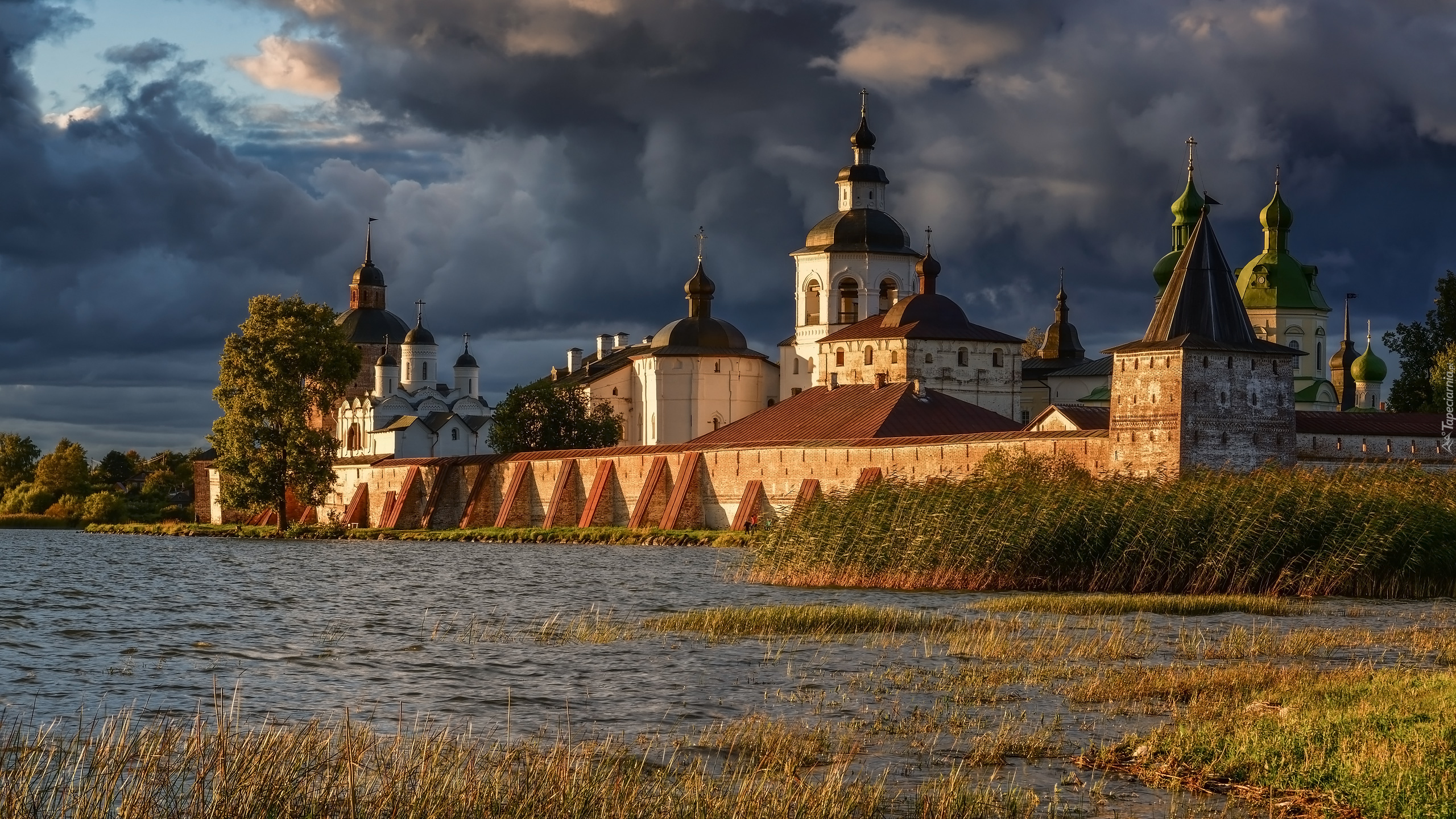 Cerkiew, Monaster Świętego Cyryla Biełozierskiego, Jezioro Białe, Drzewa, Trawa, Kiriłłow, Obwód wołogodzki, Rosja