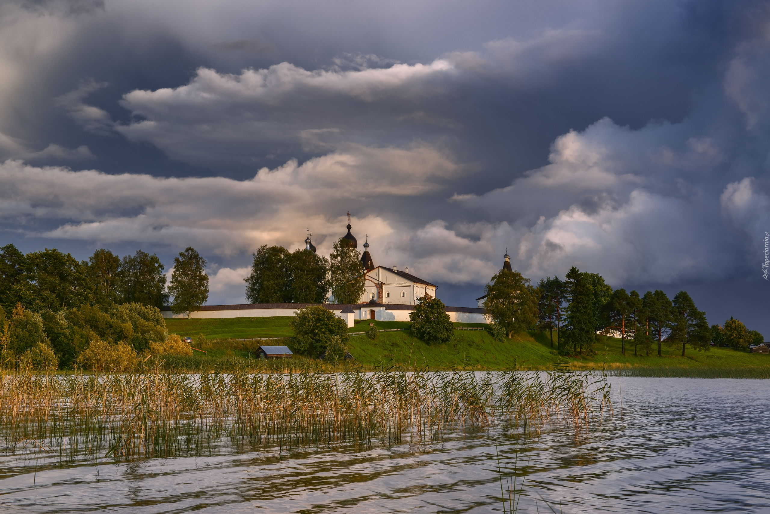 Jezioro, Szuwary, Drzewa, Chmury, Klasztor, Monaster Terapontowski, Wieś Ferapontovo, Obwód wołogodzki, Rosja