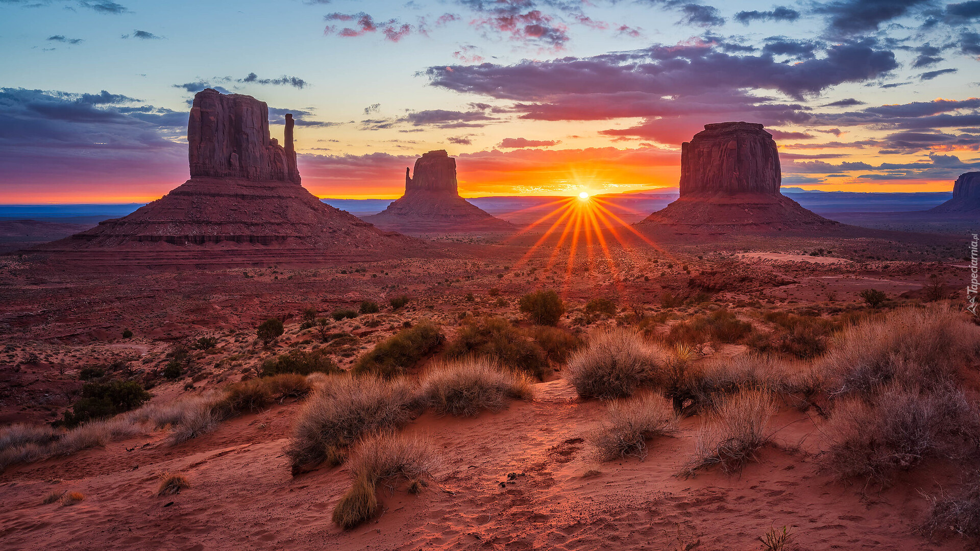 Stany Zjednoczone, Wyżyna Kolorado, Dolina Skał, Monument Valley, Skały, Promienie słońca