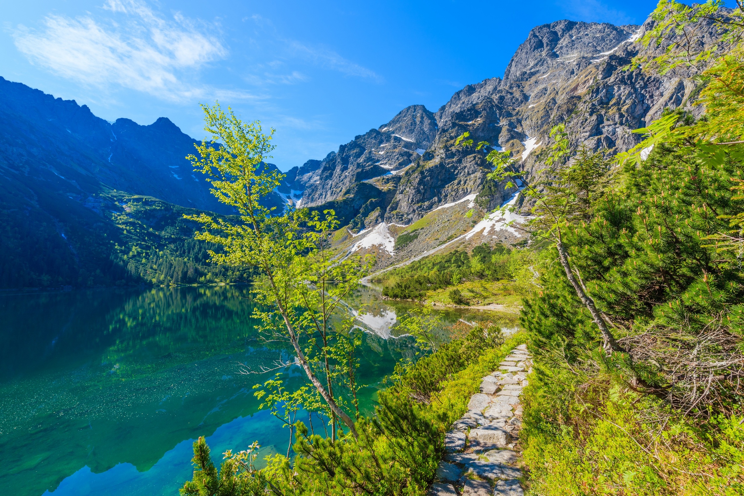 Polska, Tatry, Jezioro Morskie Oko, Góry, Mięguszowickie Szczyty, Dróżka, Drzewa