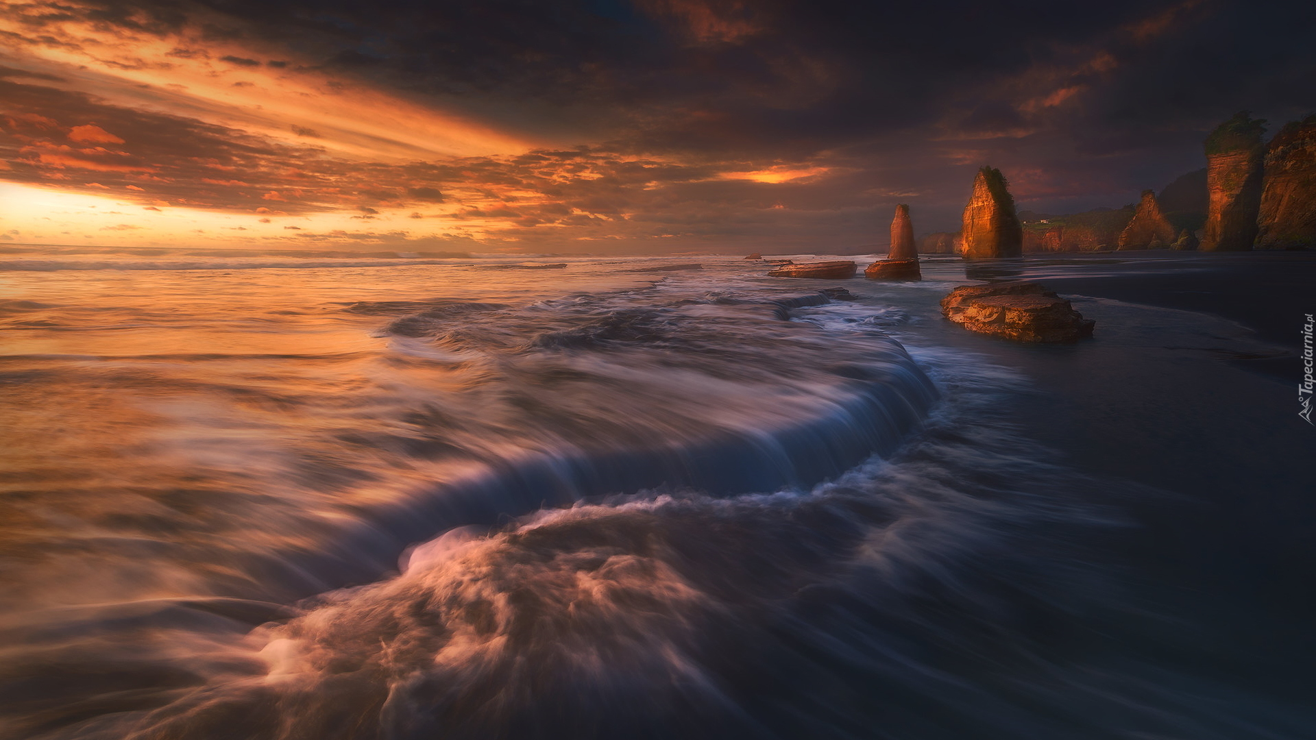 Morze, Zachód słońca, Skały, Three Sisters Beach, Taranaki, Nowa Zelandia