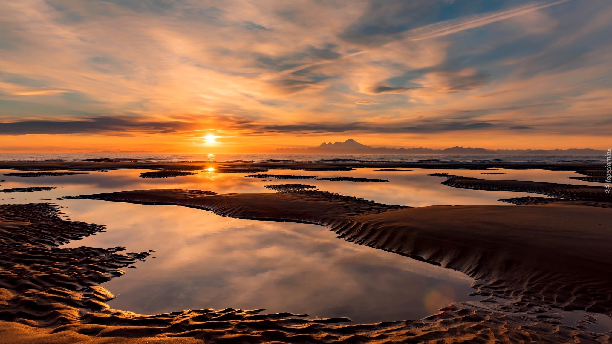 Morze, Zachód słońca, Plaża