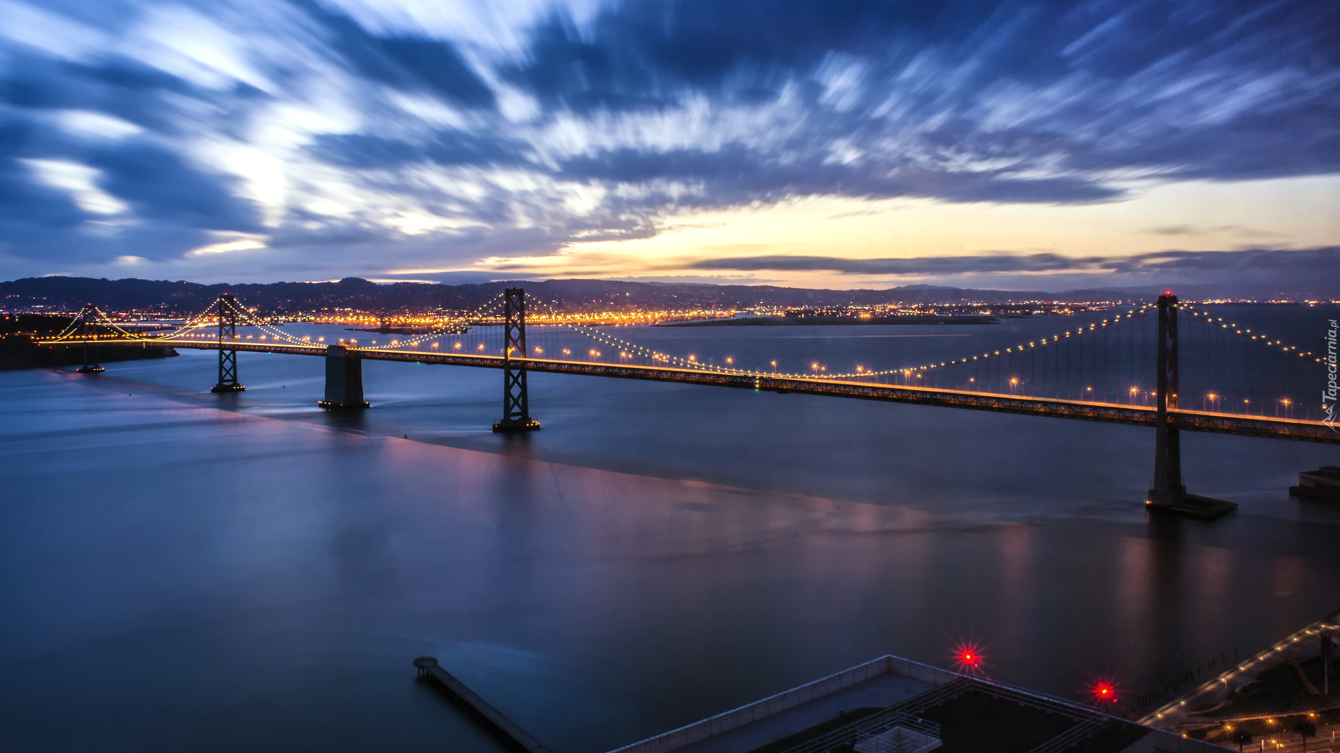 Most, Bay Bridge, Zatoka San Francisco, Chmury, Oakland, Kalifornia, Stany Zjednoczone