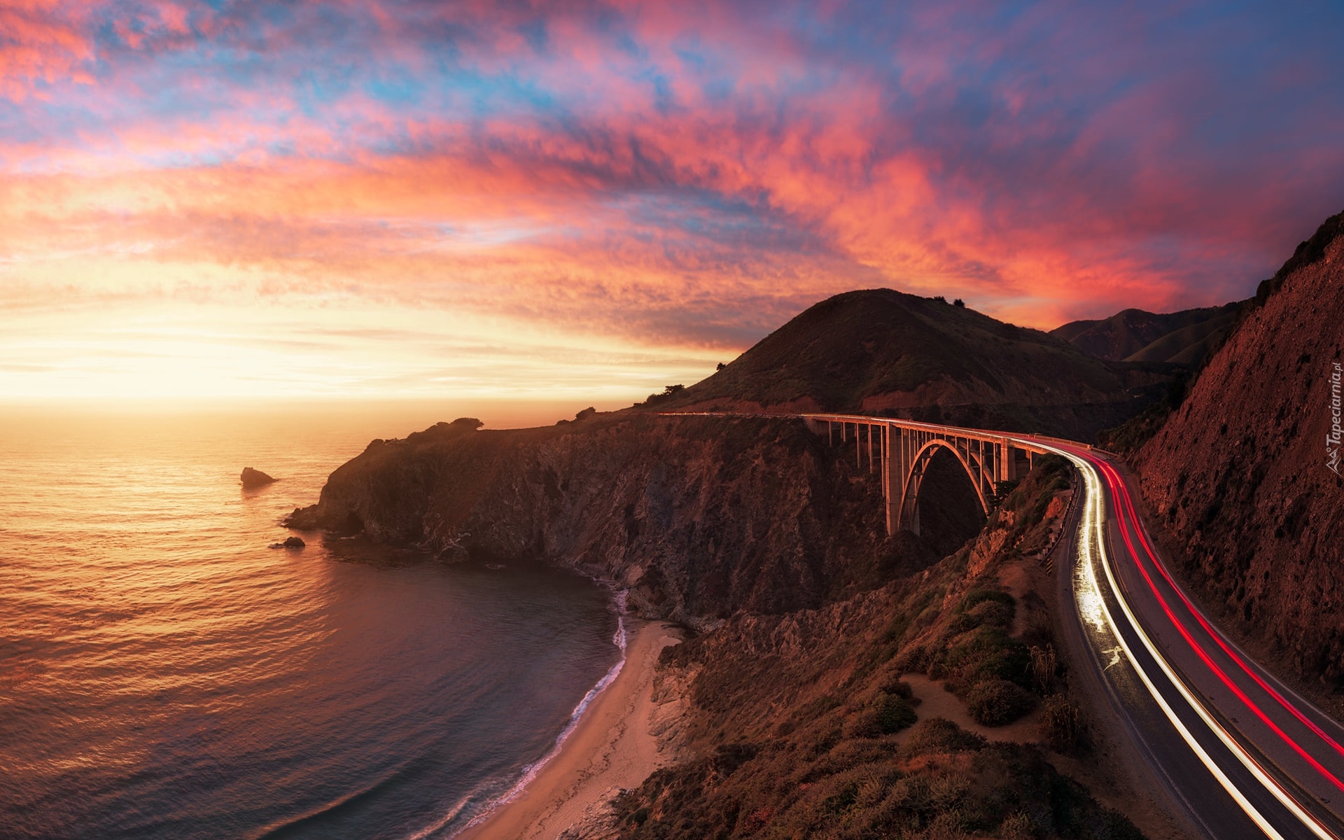 Morze, Most, Bixby Creek Bridge, Wybrzeże, Region Big Sur, Góry, Droga, Zachód słońca, Kalifornia, Stany Zjednoczone