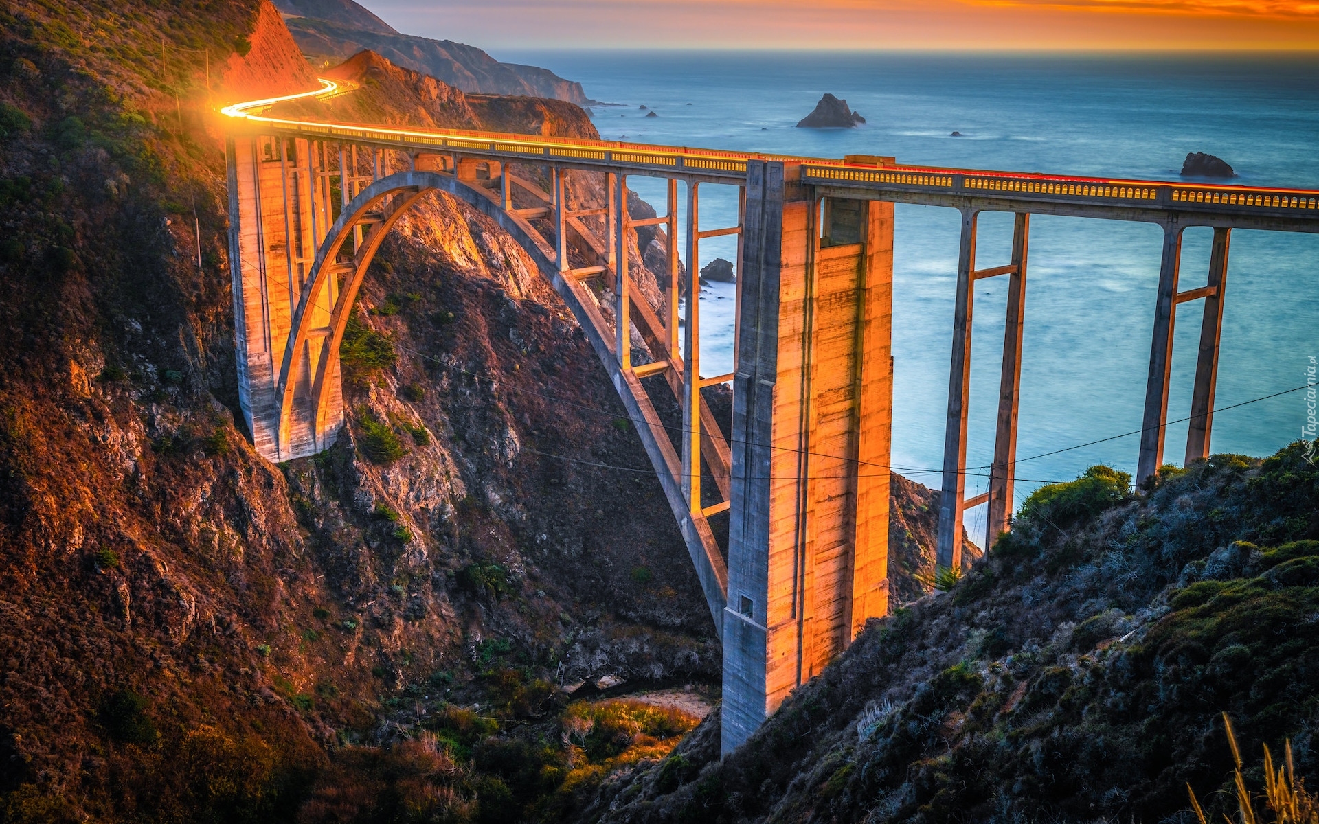 Morze, Most, Bixby Creek Bridge, Wybrzeże, Region Big Sur, Skały, Światła, Kalifornia, Stany Zjednoczone