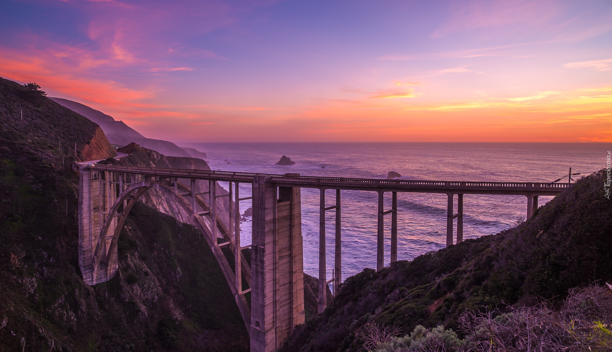 Most Bixby Creek Bridge, Góry, Morze, Zachód słońca, Region Big Sur, Kalifornia, Stany Zjednoczone