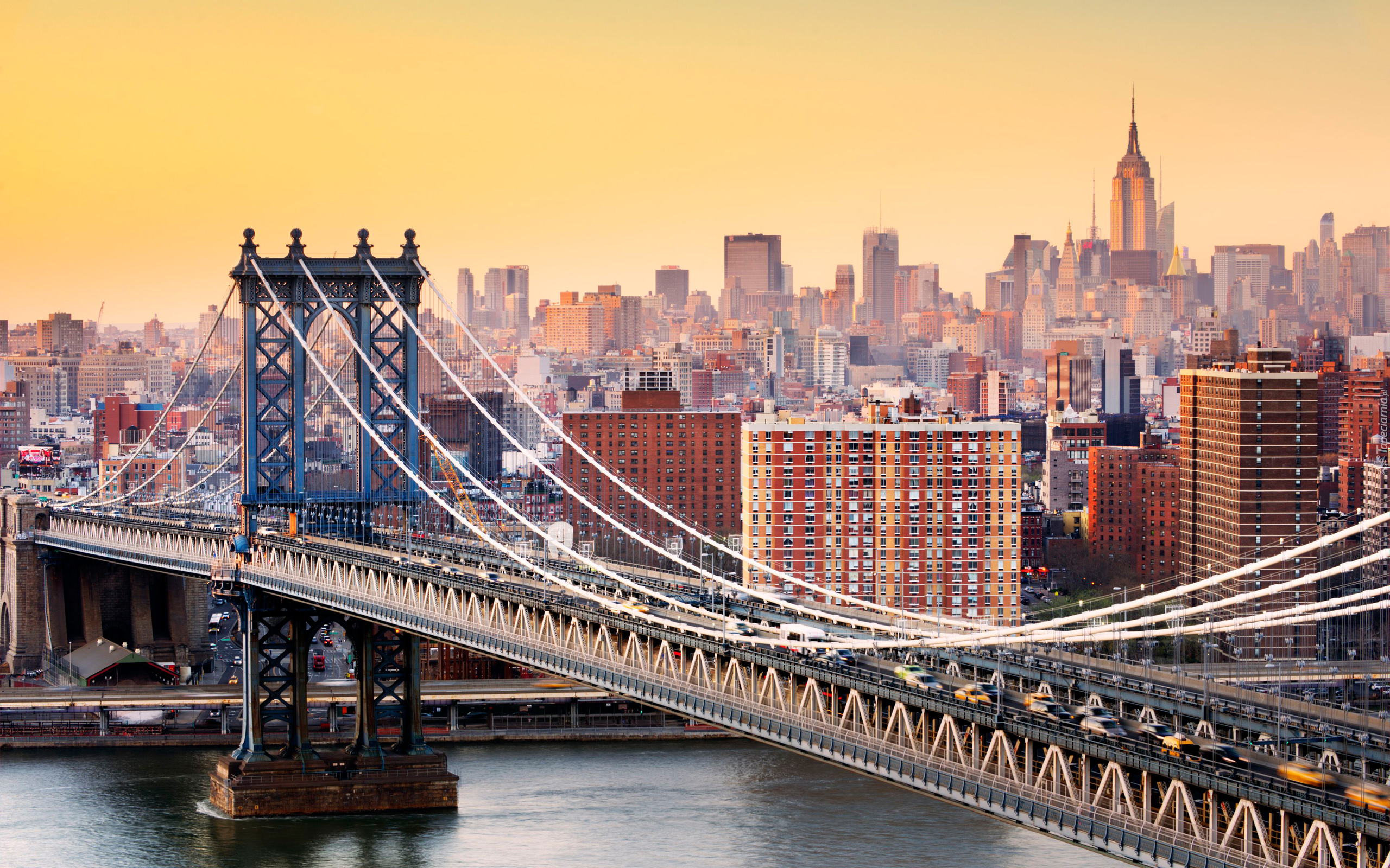 Most, Most Brookliński, Brooklyn Bridge, Domy, Manhattan, Nowy Jork, Stany Zjednoczone