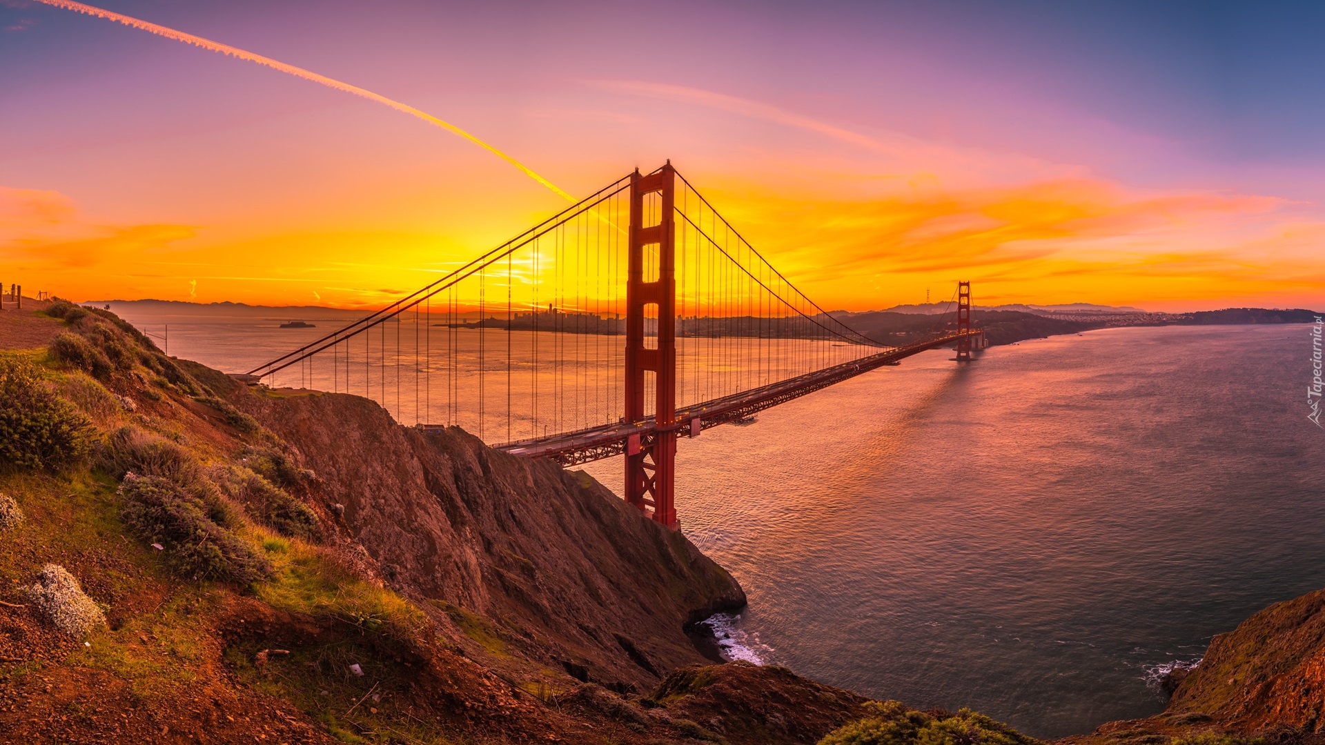 Stany Zjednoczone, Stan Kalifornia, Skały, Most, Golden Gate Bridge, Cieśnina Golden Gate, Zachód słońca