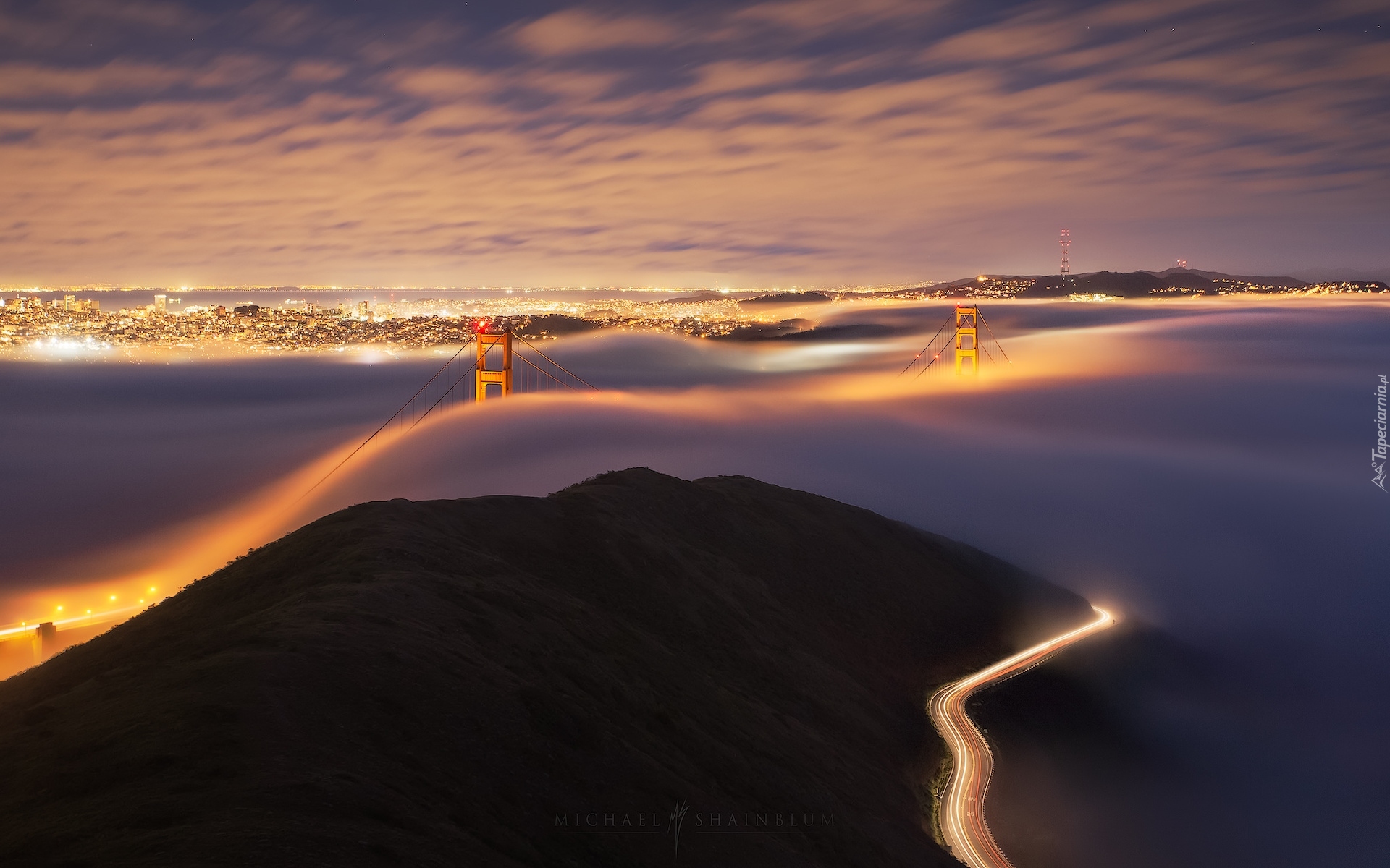 Stany Zjednoczone, San Francisco, Most, Golden Gate Bridge, Mgła, Miasto, Światła