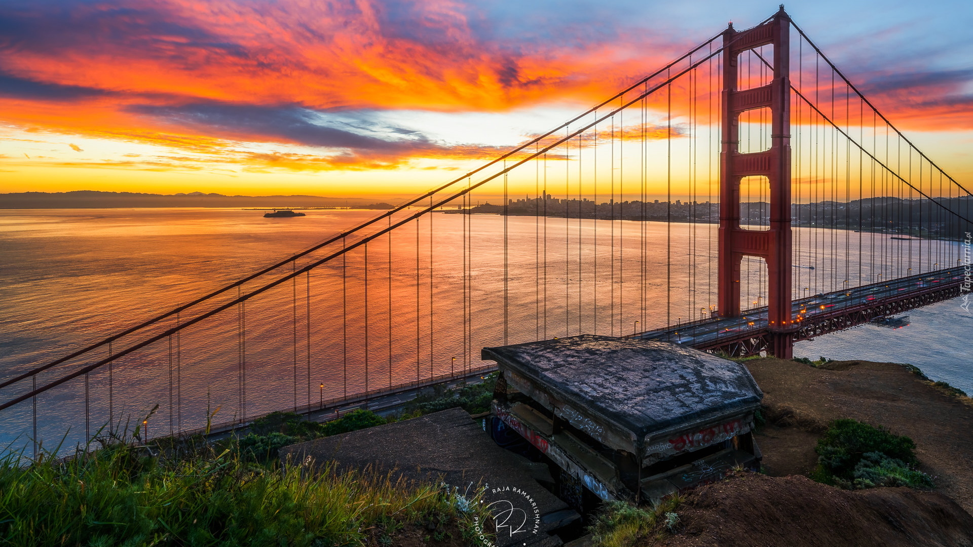 Most, Golden Gate Bridge, Cieśnina Golden Gate, Zachód słońca, Stan Kalifornia, Stany Zjednoczone