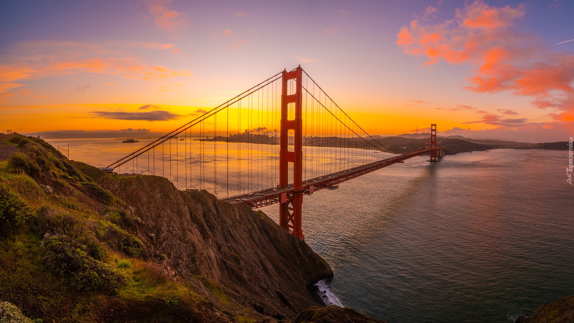 Stany Zjednoczone, Stan Kalifornia, Skały, Most Golden Gate Bridge, Cieśnina Golden Gate, Zachód słońca