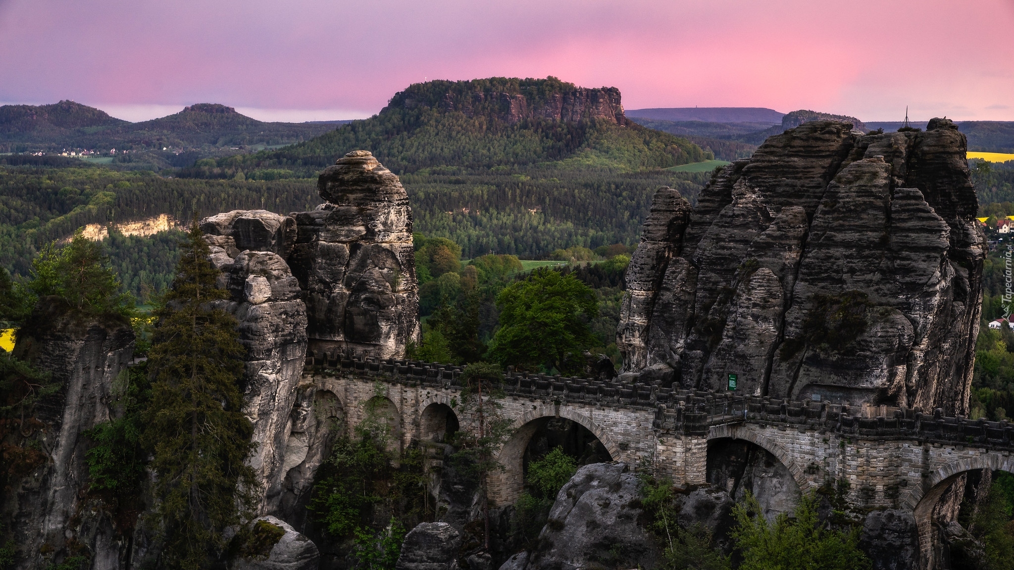 Most, Skały, Formacja skalna, Bastei, Zachód słońca, Góry Połabskie, Park Narodowy Saskiej Szwajcarii, Niemcy