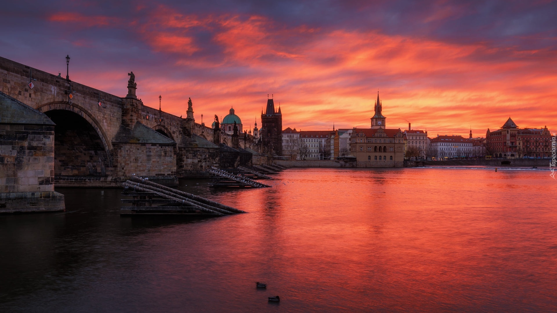 Czechy, Praga, Rzeka Wełtawa, Most Karola, Domy, Wschód słońca