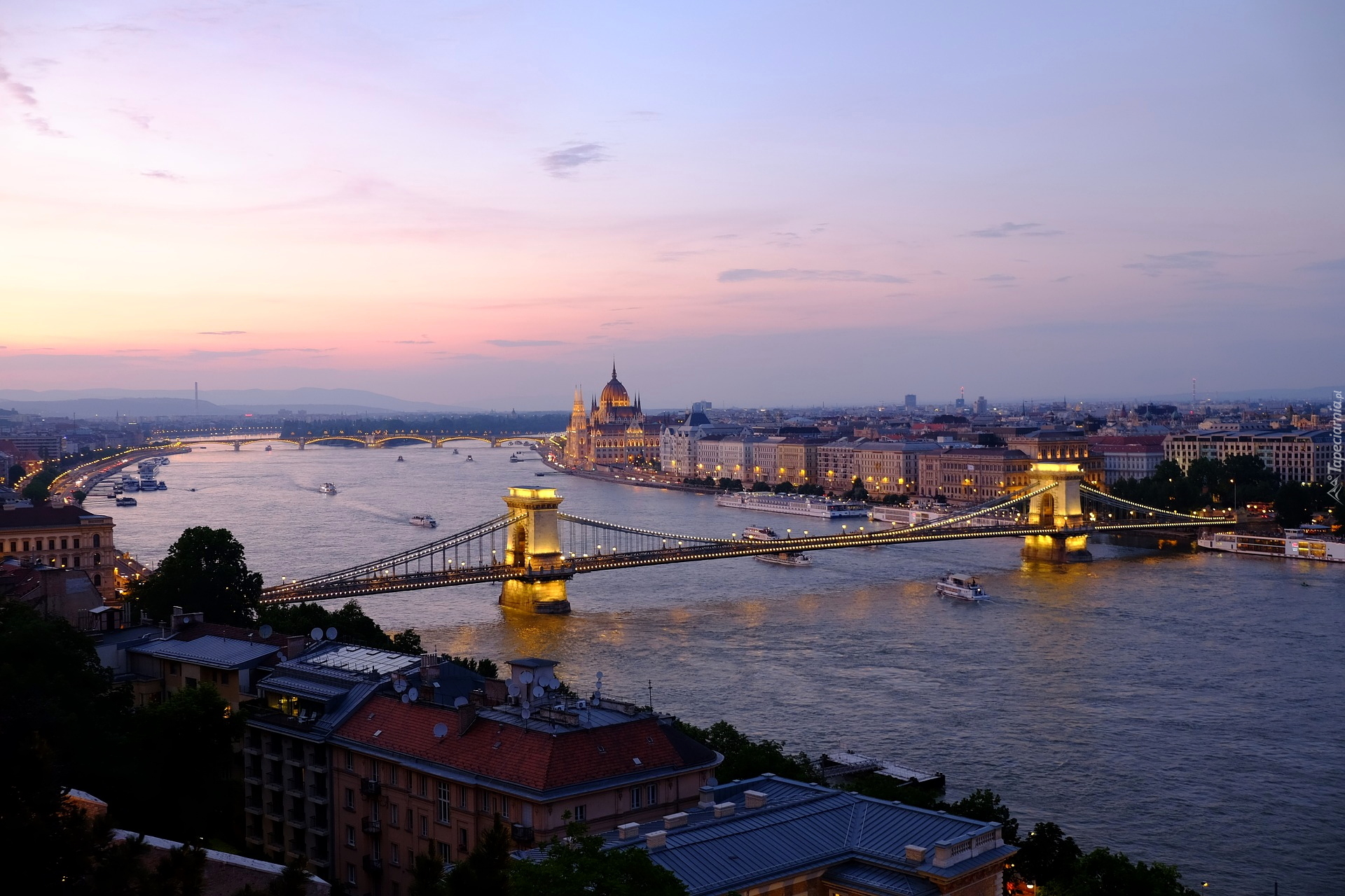 Budapeszt, Rzeka Dunaj, Most Łańcuchowy, Parlament, Zachód słońca, Węgry