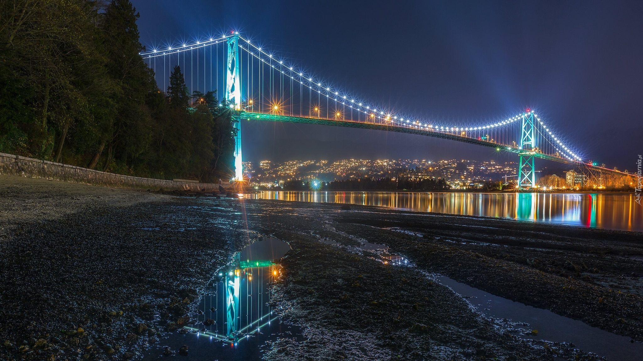 Kanada, Vancouver, Oświetlony, Most, Lions Gate Bridge, Domy, Noc, Światła, Zatoka Burrard Inlet