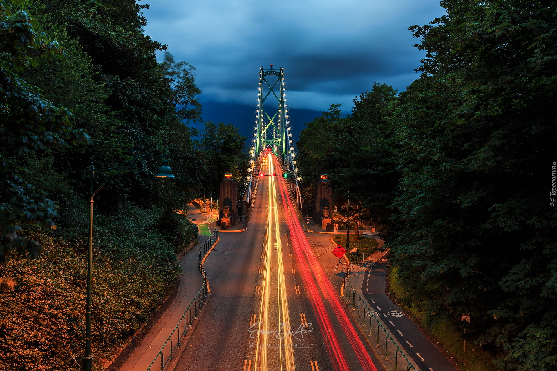 Most, Lions Gate Bridge, Noc, Światła, Drzewa, Vancouver, Kanada