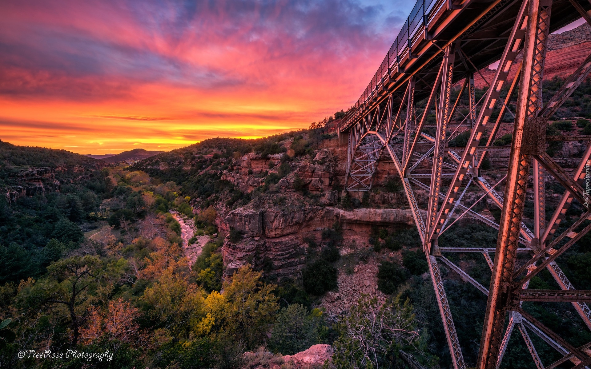 Stany Zjednoczone, Arizona, Kanion, Oak Creek, Zachód słońca, Most, Midgely Bridge, Skały