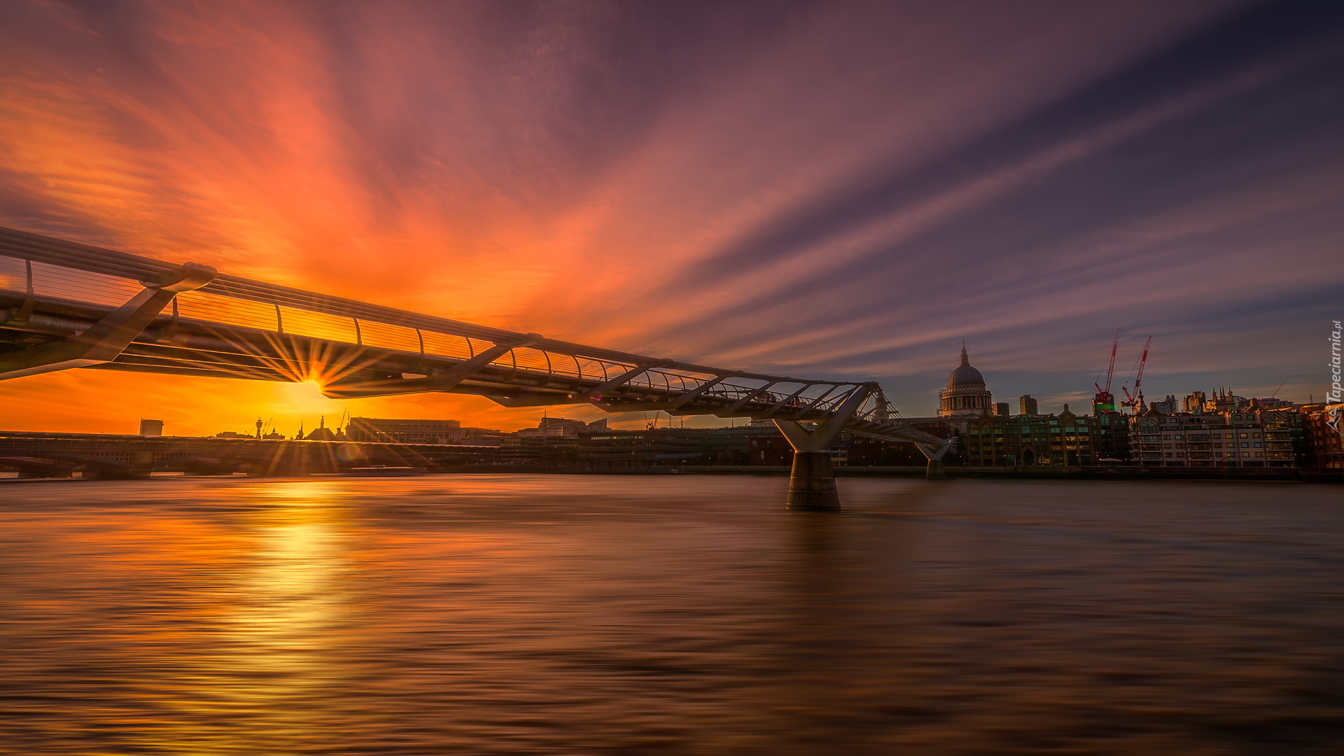 Most, Millennium Bridge, Rzeka, Tamiza, Zachód słońca, Londyn, Anglia