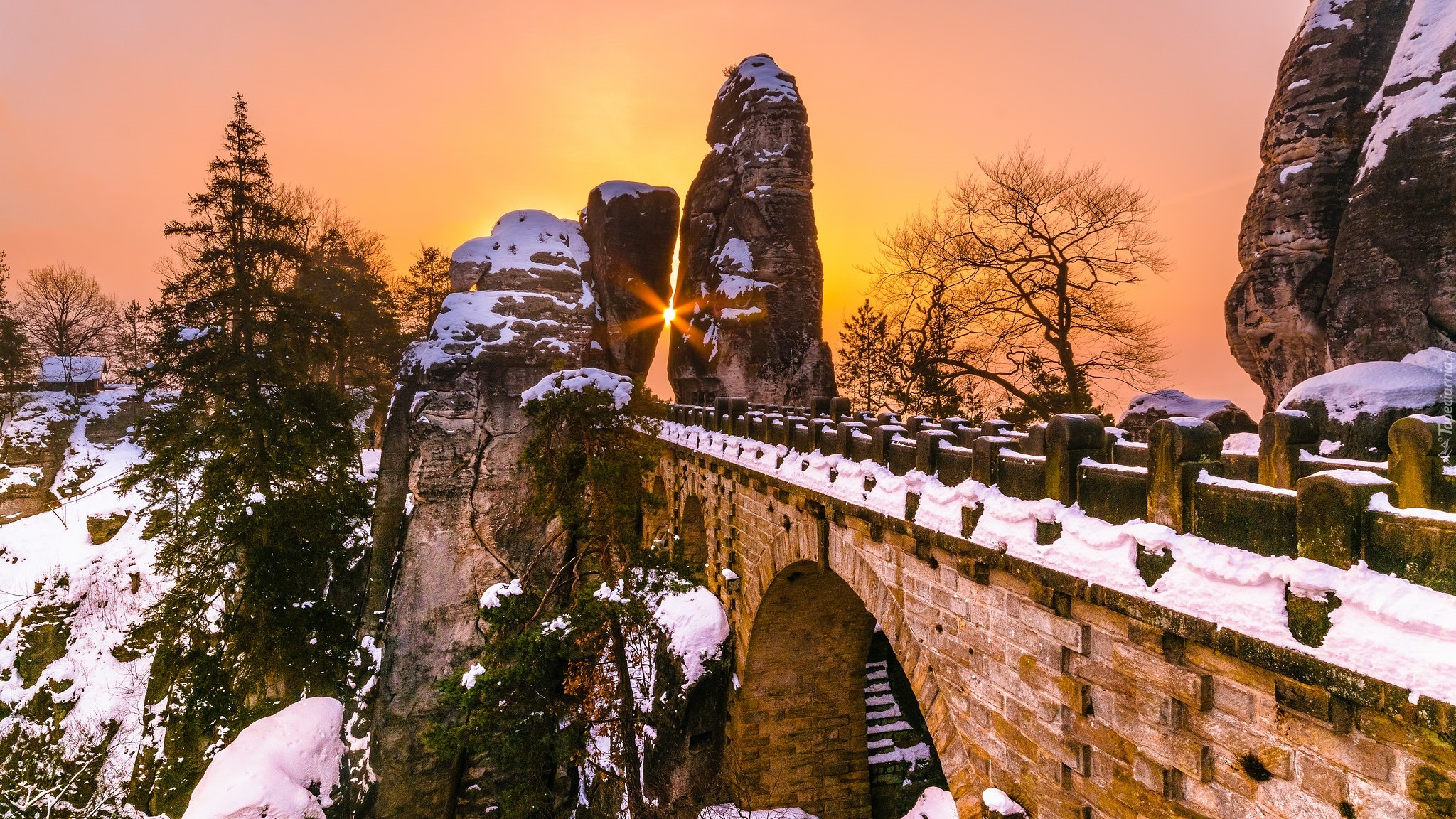 Zima, Śnieg, Most, Skały, Formacja Bastei, Drzewa, Park Narodowy Saskiej Szwajcarii, Niemcy