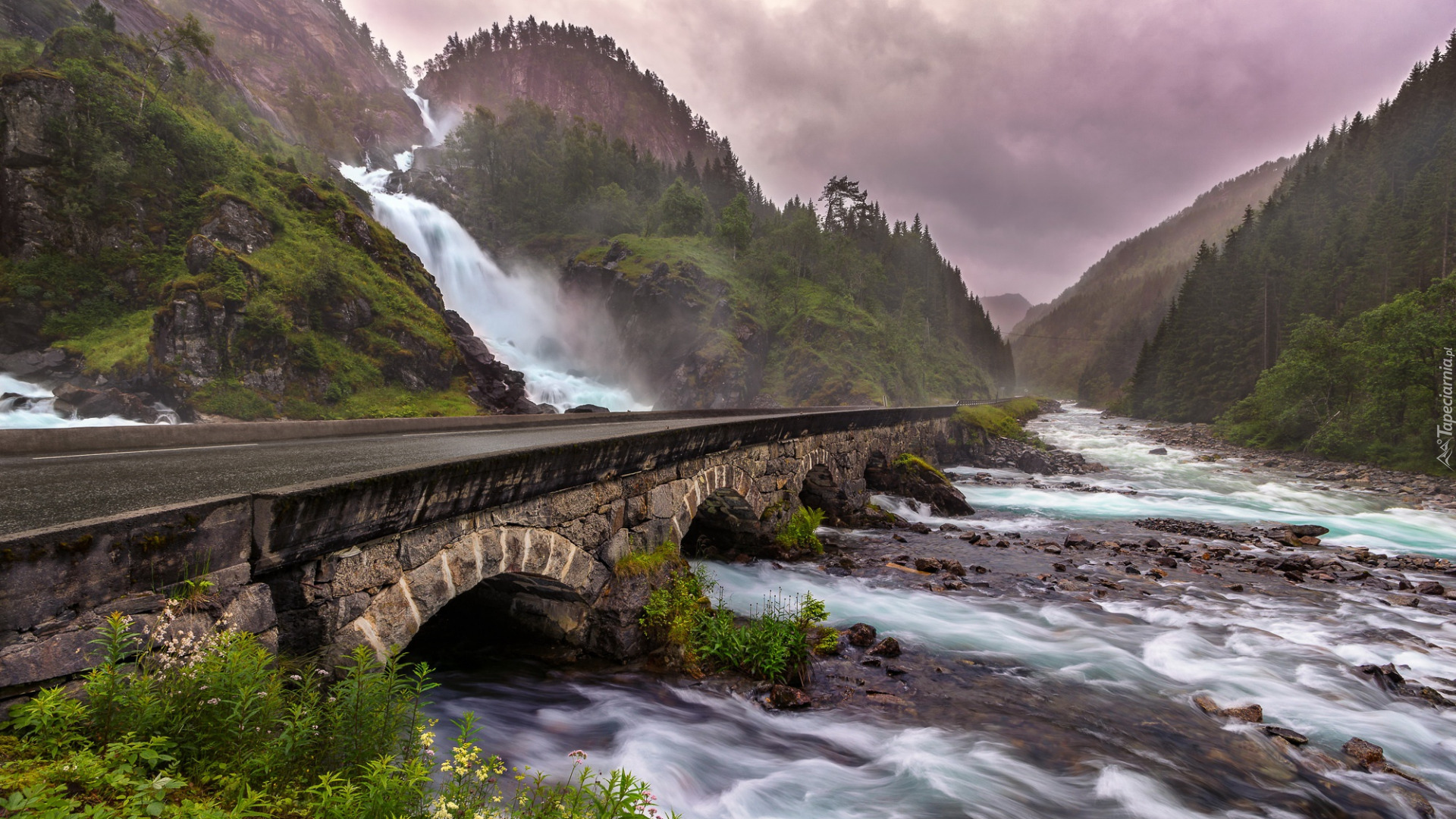 Wodospad Latefossen, Kamienny, Most, Droga, Rzeka Gronsdalslona, Kamienie, Góry, Skały, Las, Drzewa, Gmina Odda, Norwegia