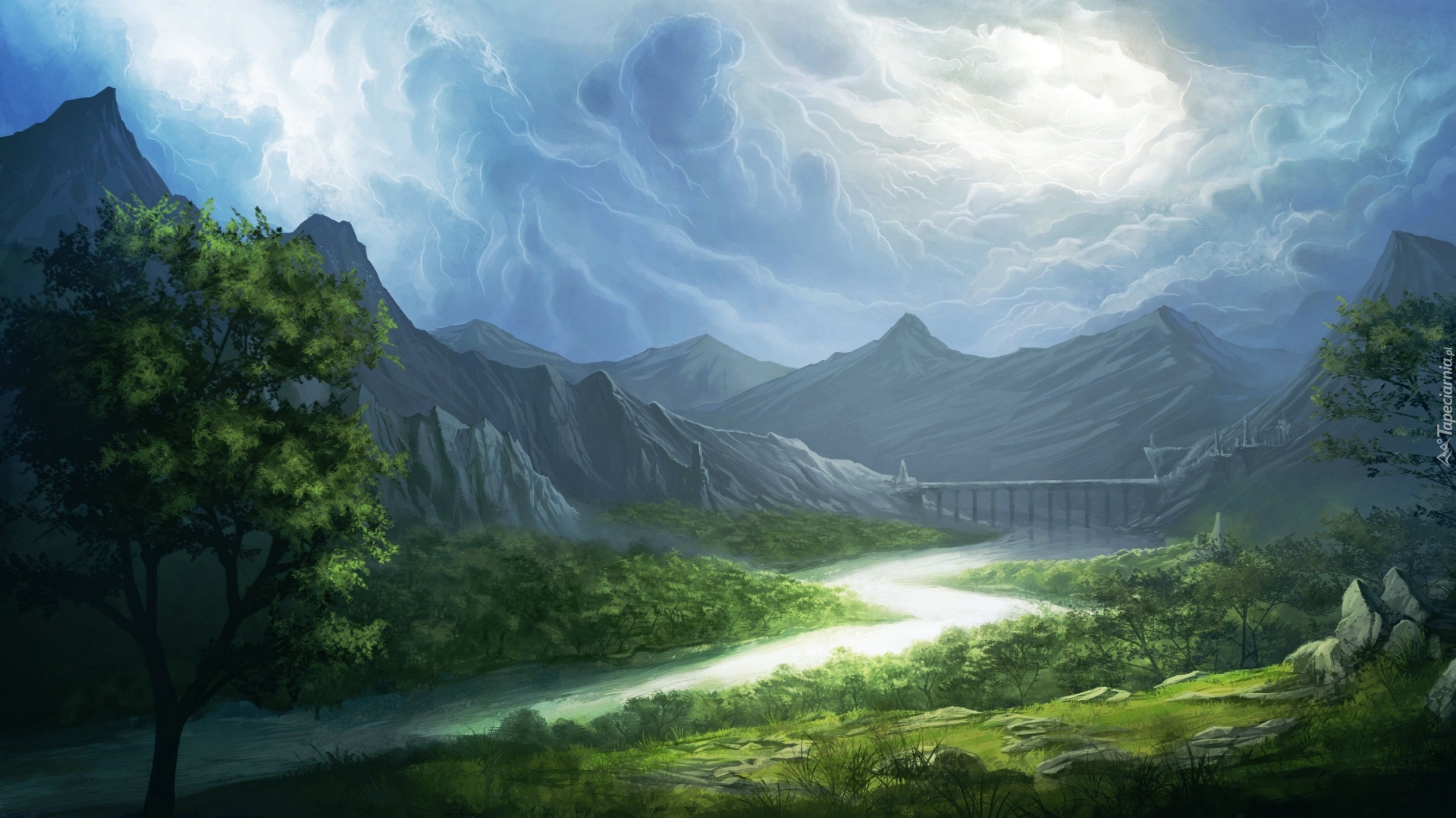 Góry, Rzeka, Most, Drzewa, Niebo, Chmury, Grafika