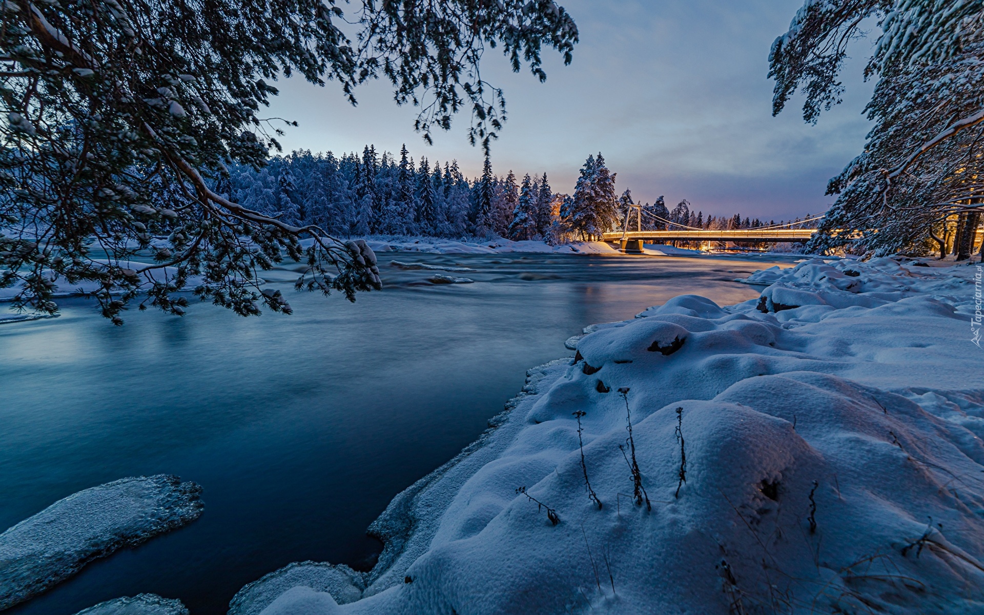 Zima, Śnieg, Drzewa, Most, Rzeka Oulujoki, Las, Oulu, Finlandia