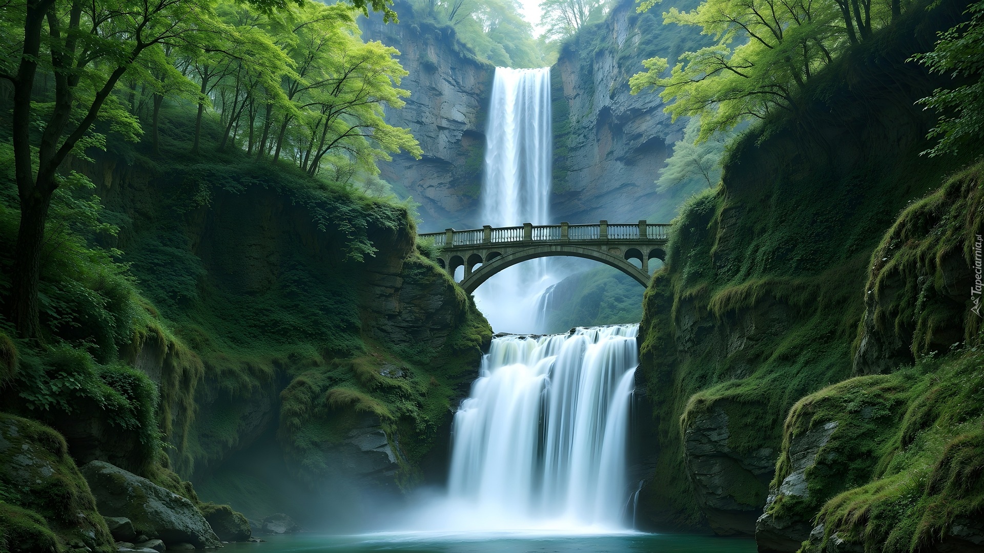 Wodospad, Most, Skały, Drzewa, AI