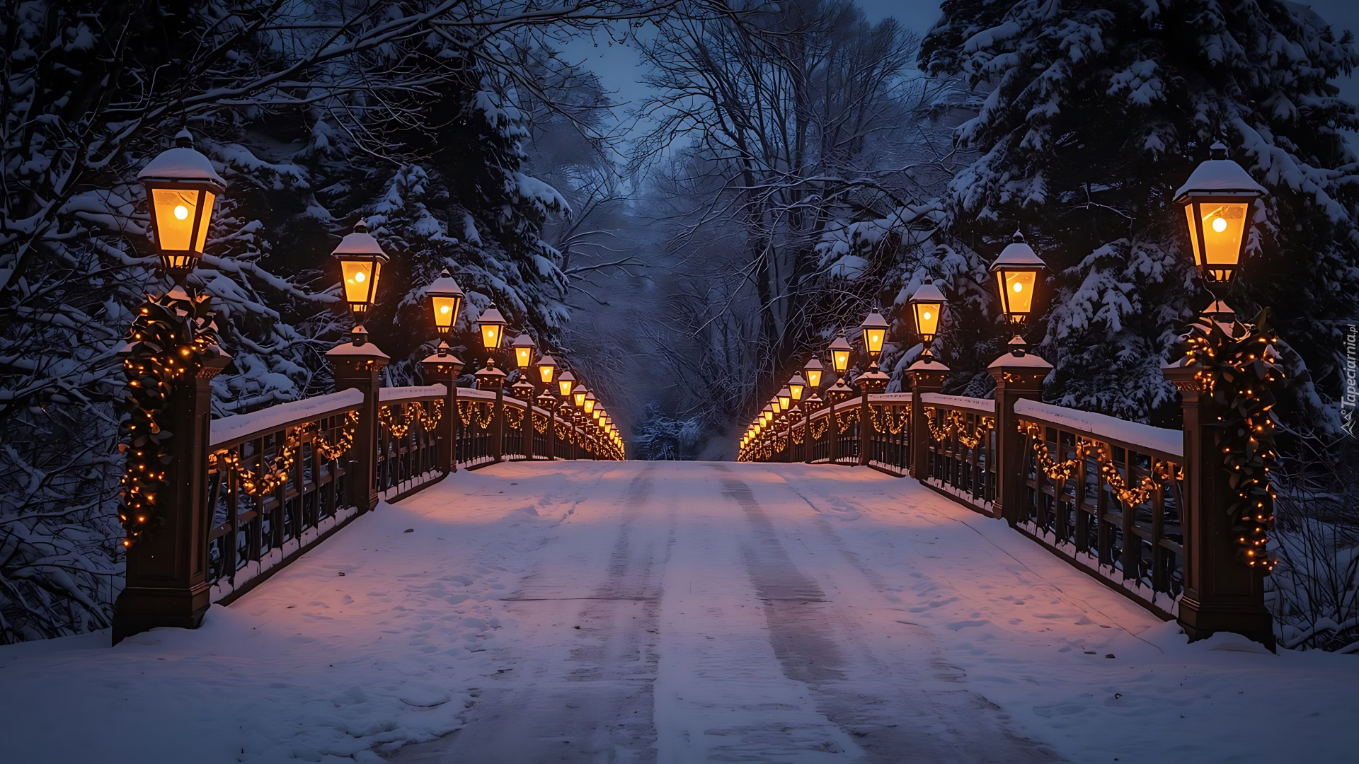 Zima, Most, Drzewa, Latarnie, Światełka