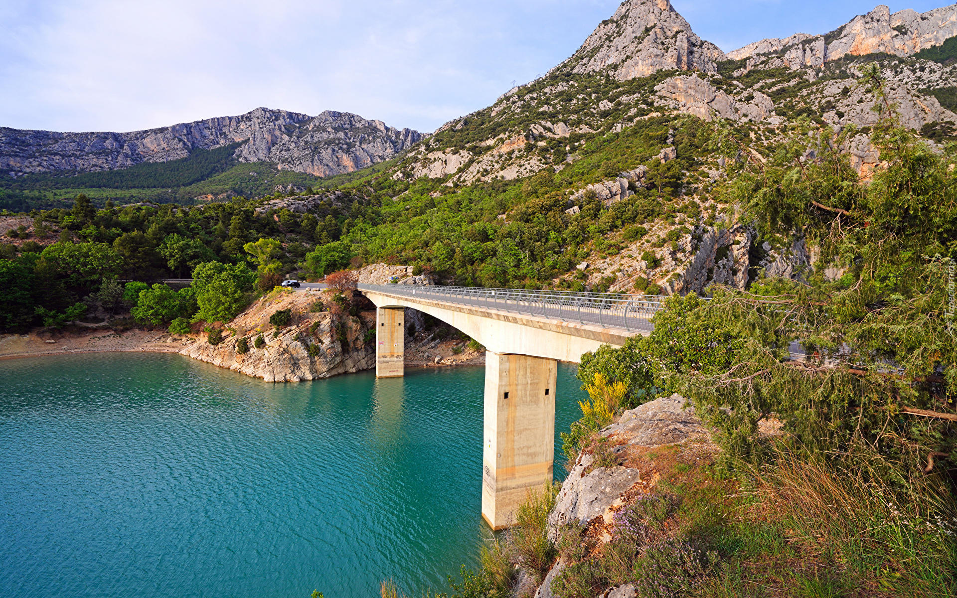 Francja, Aiguines, Góry, Drzewa, Rośliny, Most, Pont du Galetas, Jezioro Sainte Croix