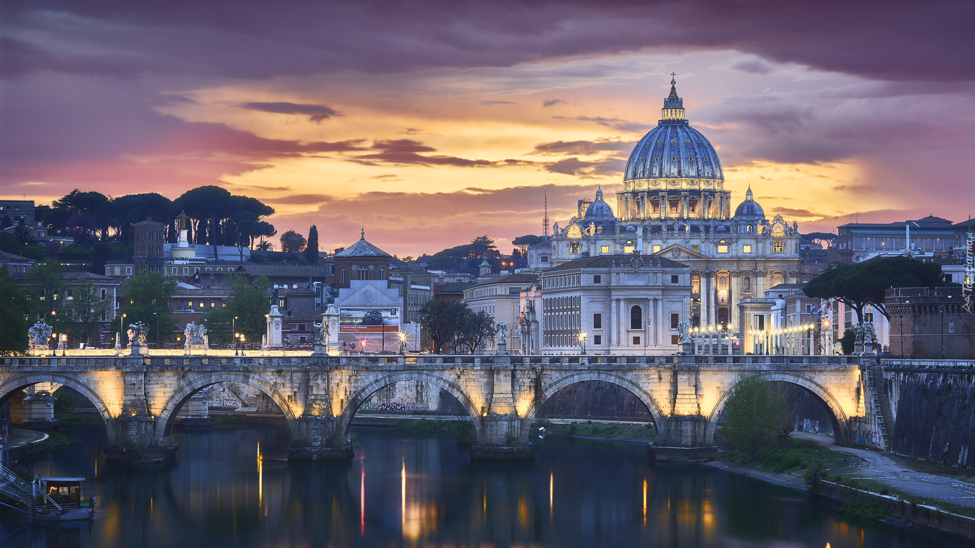 Watykan, Rzeka Tyber, Most św Anioła, Bazylika Świętego Piotra, Światła, Wschód słońca