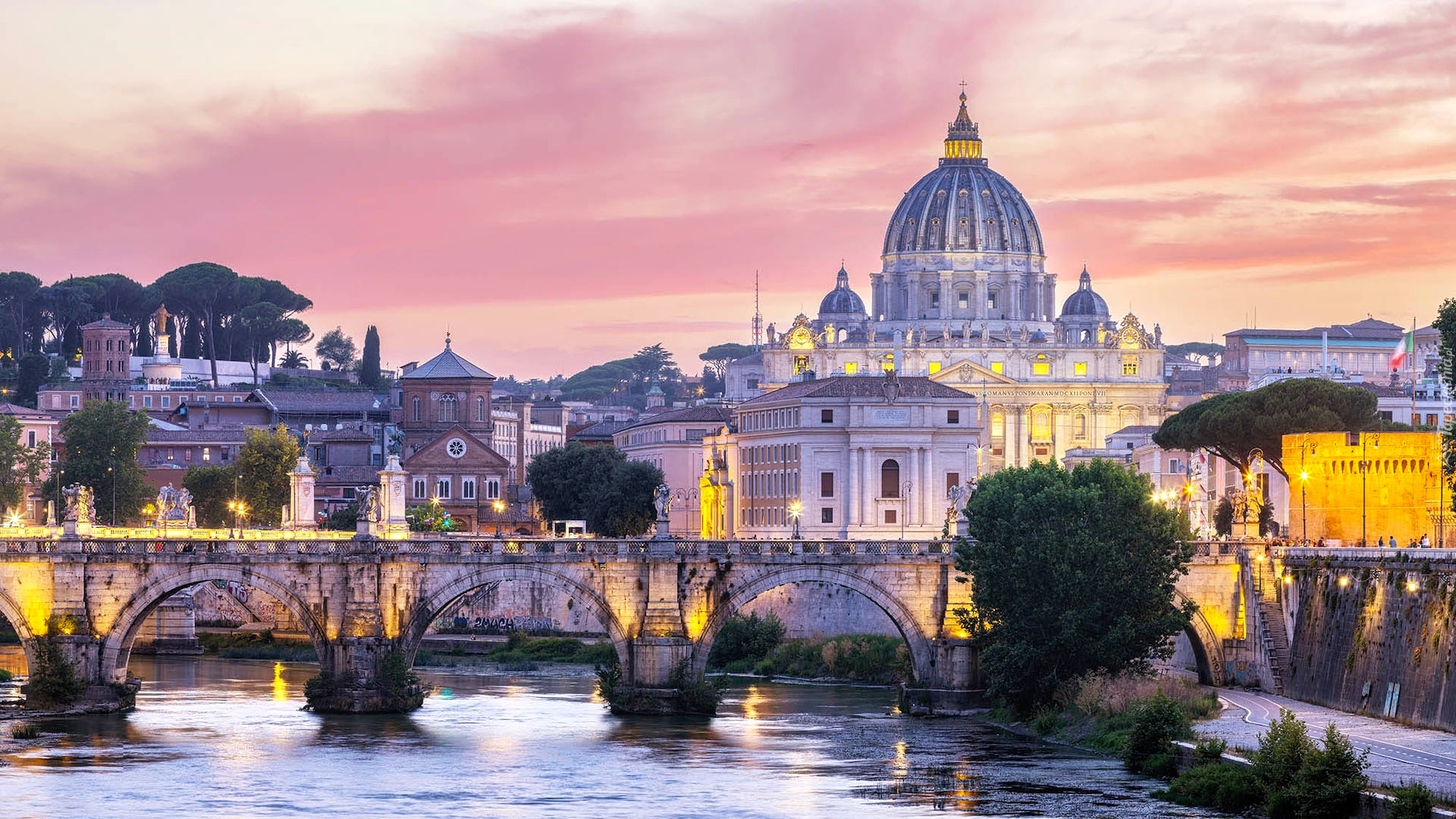 Włochy, Rzym, Rzeka Tyber, Most Ponte Umberto I, Bazylika Świętego Piotra, Światła, Zachód słońca