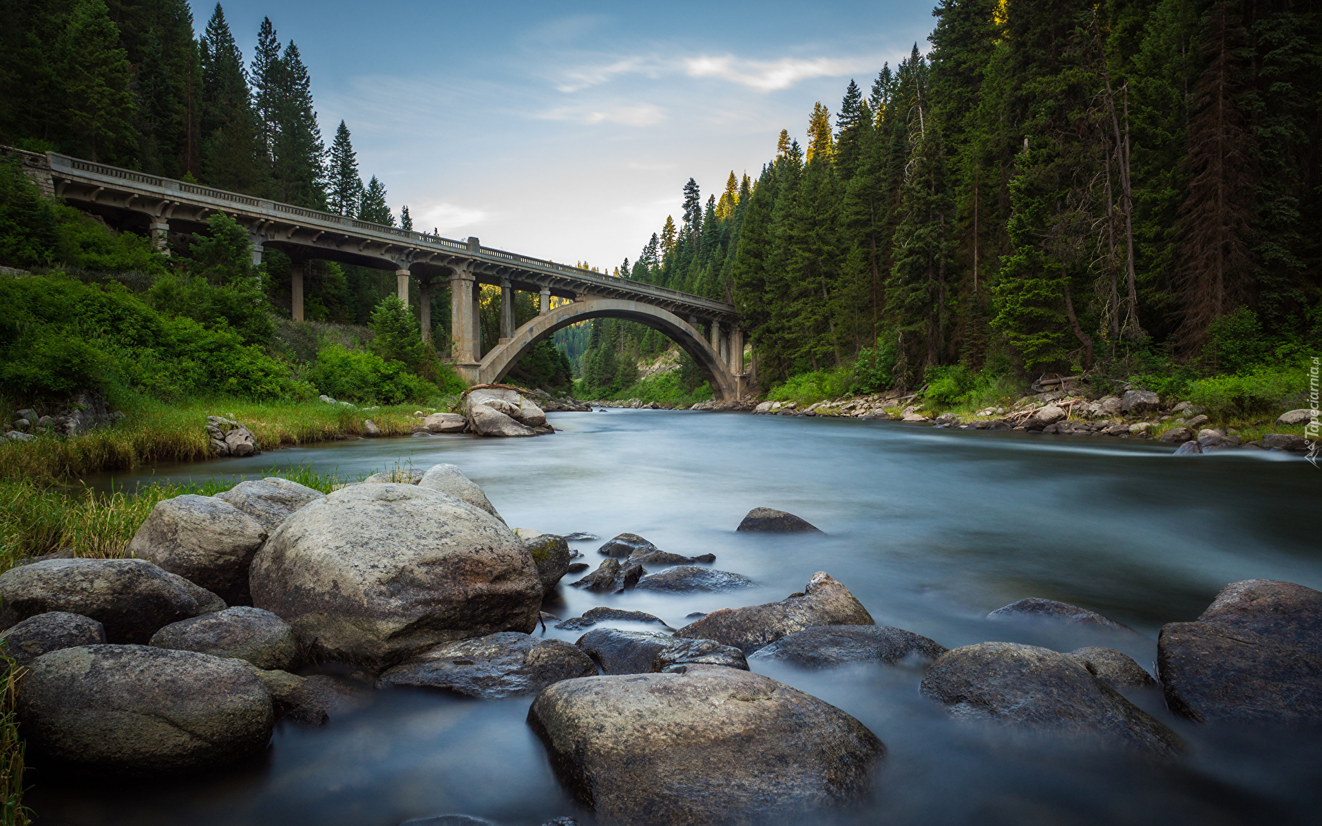 Las, Drzewa, Rzeka, Payette River, Kamienie, Most, Rainbow Bridge, Idaho, Stany Zjednoczone