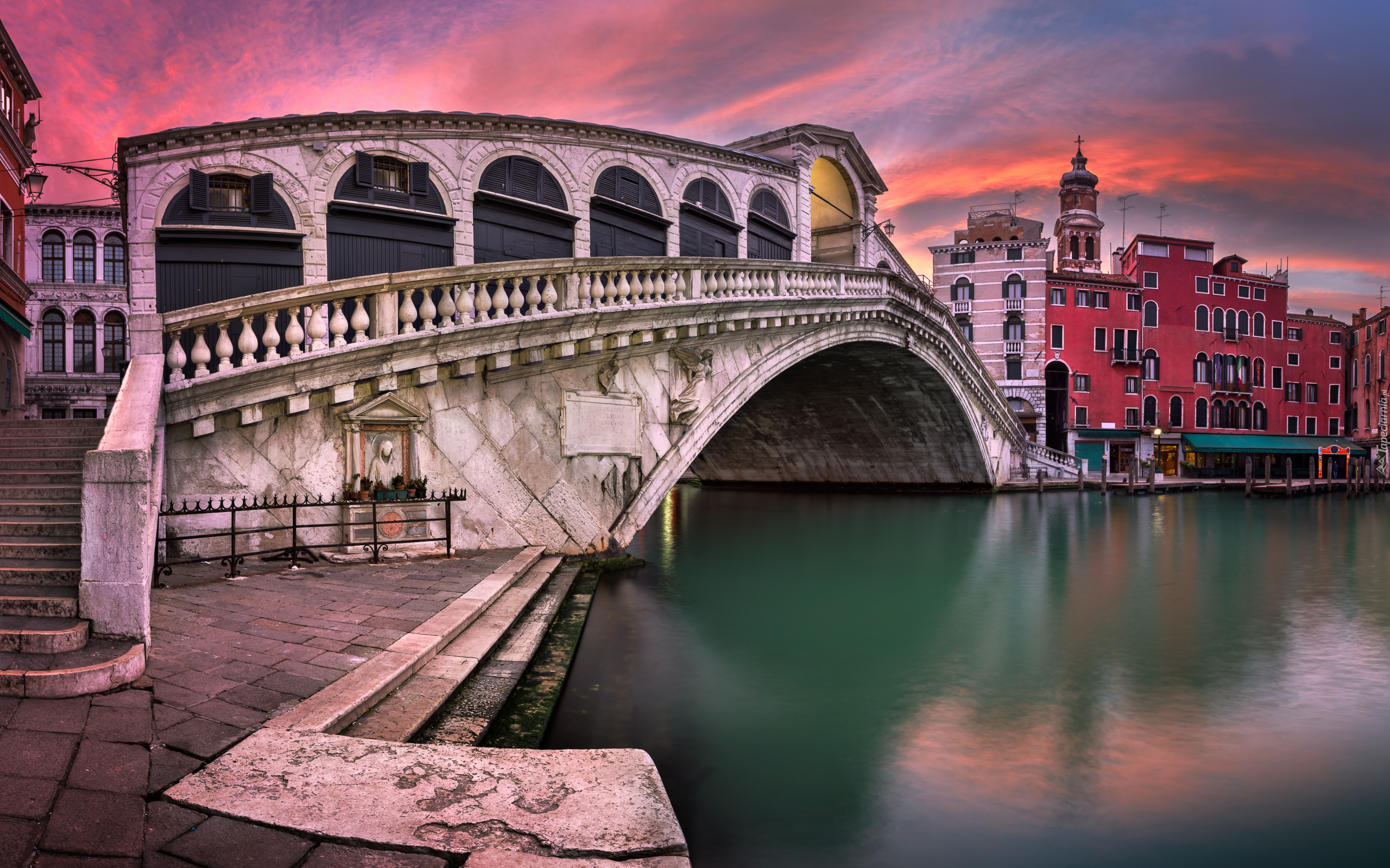 Włochy, Wenecja, Zachód słońca, Canal Grande, Most, Rialto Bridge, Domy
