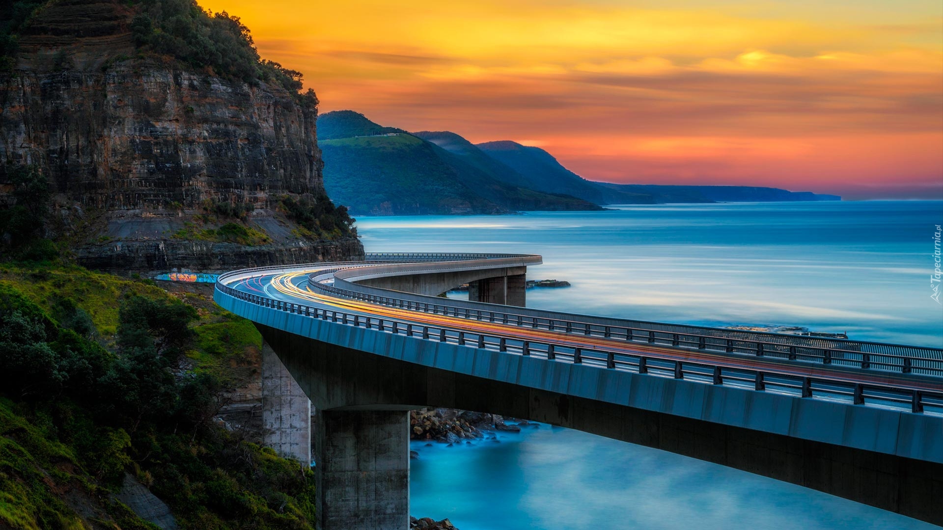 Most Sea Cliff Bridge, Zachód słońca, Góry, Morze, Ocean, Klif, Nowa Południowa Walia, Australia