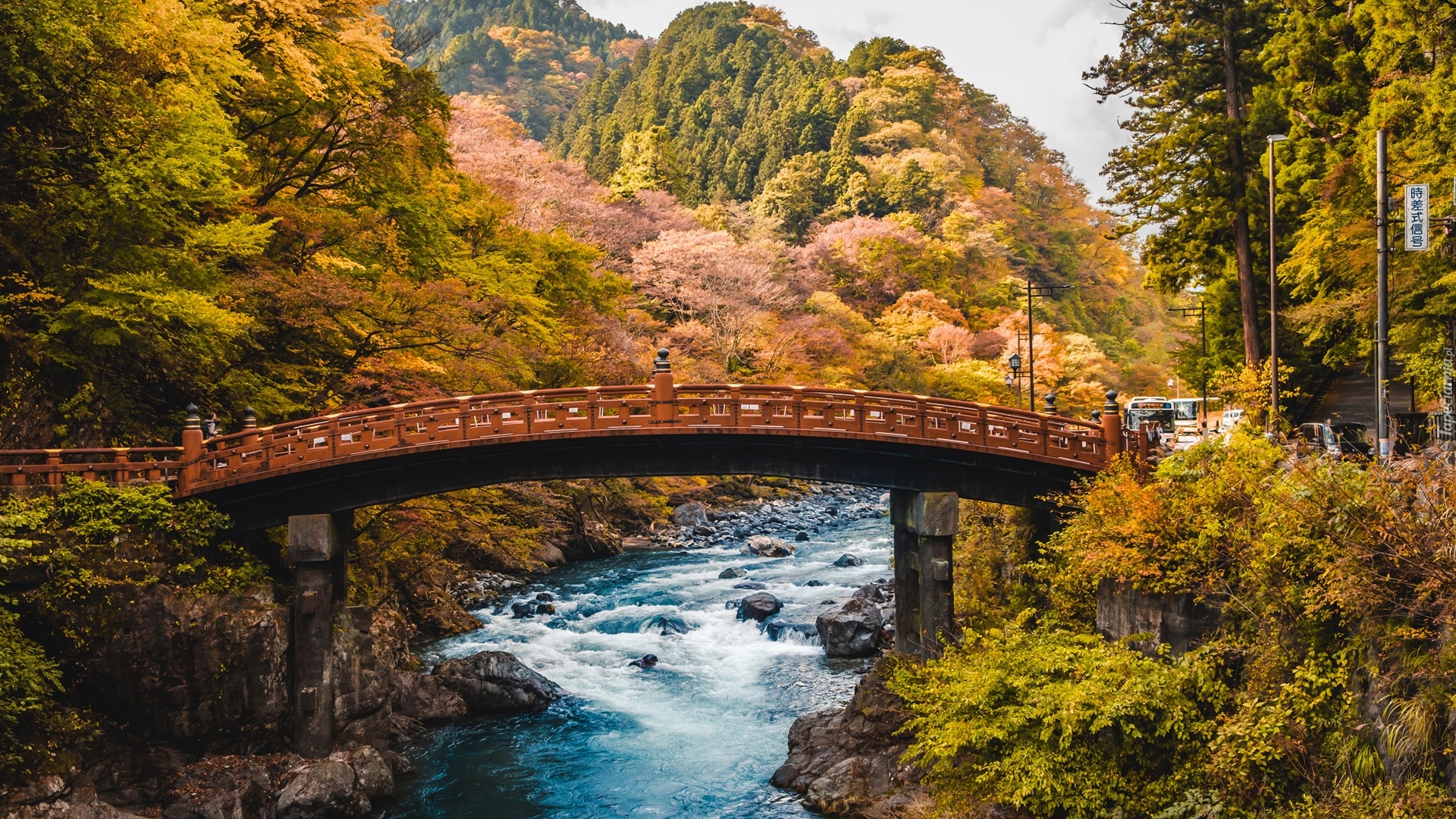 Rzeka, Daiya River, Most, Shinkyo Bridge, Góry, Drzewa, Jesień, Nikko, Japonia