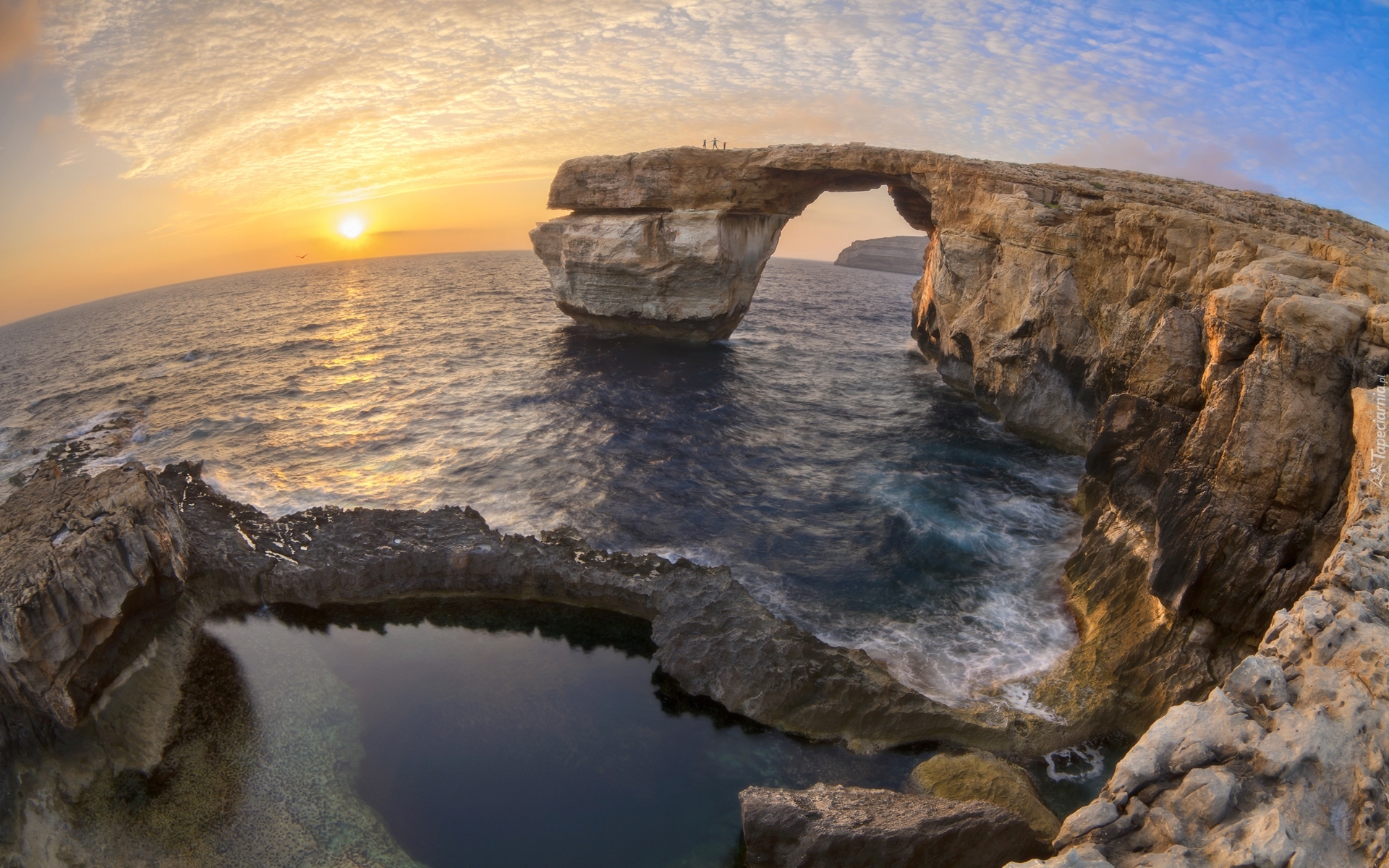 Morze, Wschód słońca, Skały, Most skalny, Lazurowe Okno, Azure Window, Malta, Efekt graficzny, Rybie oko