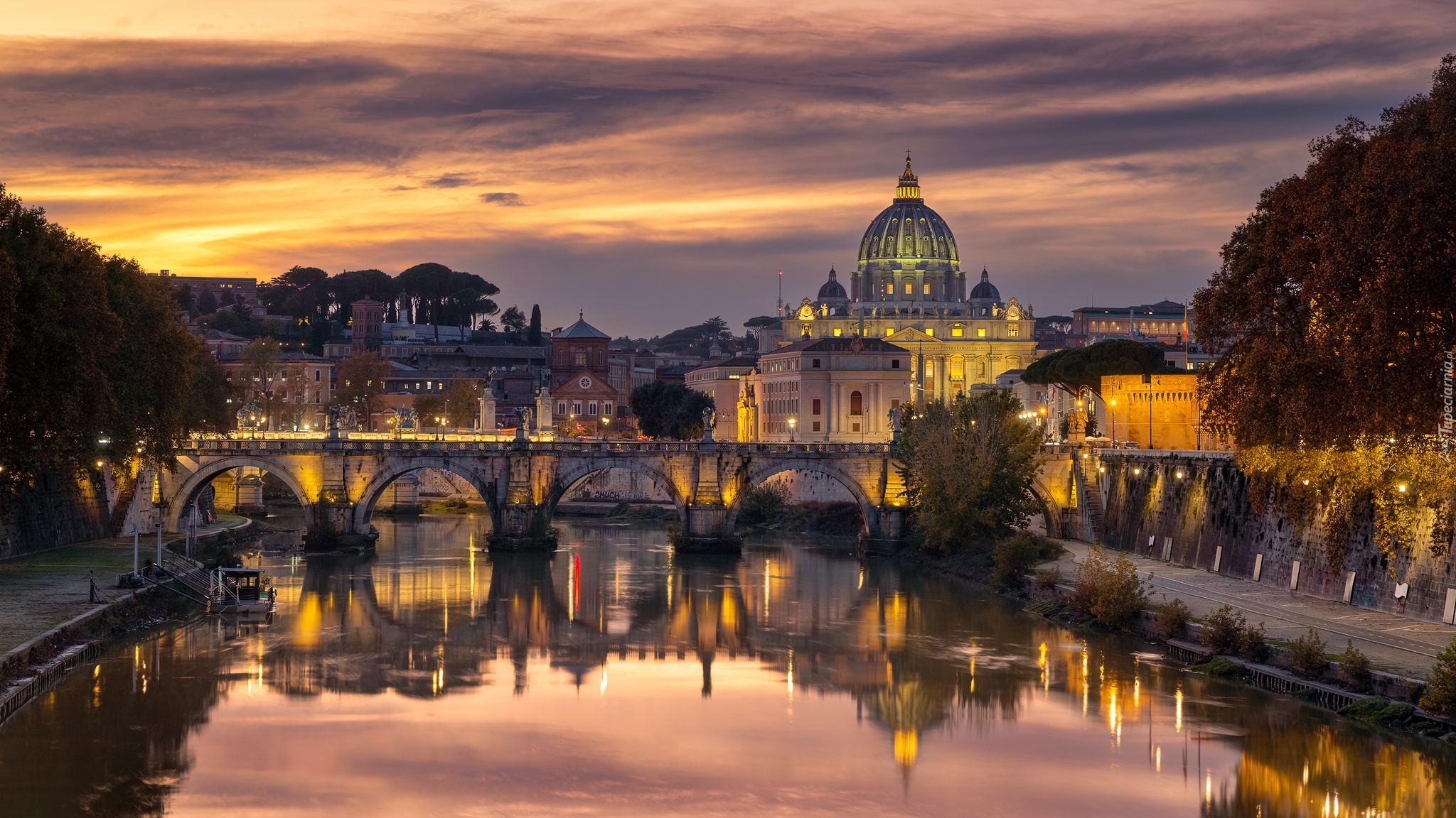 Rzym, Watykan, Most św Anioła, Rzeka Tyber, Bazylika św Piotra, Oświetlenie, Wieczór