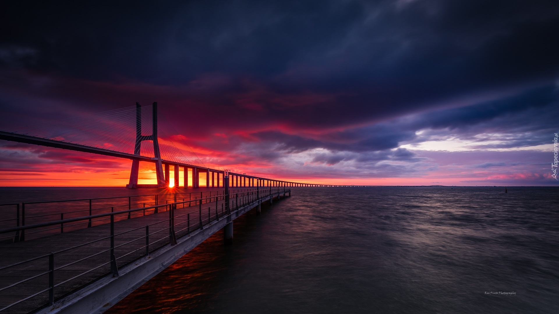 Rzeka, Tag, Zachód słońca, Most, Vasco da Gama Bridge, Lizbona, Portugalia