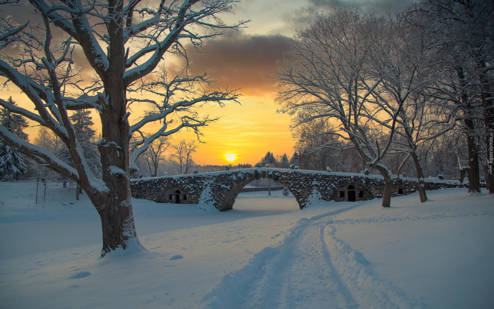 Zima, Most, Drzewa, Śnieg, Chmury, Zachód słońca