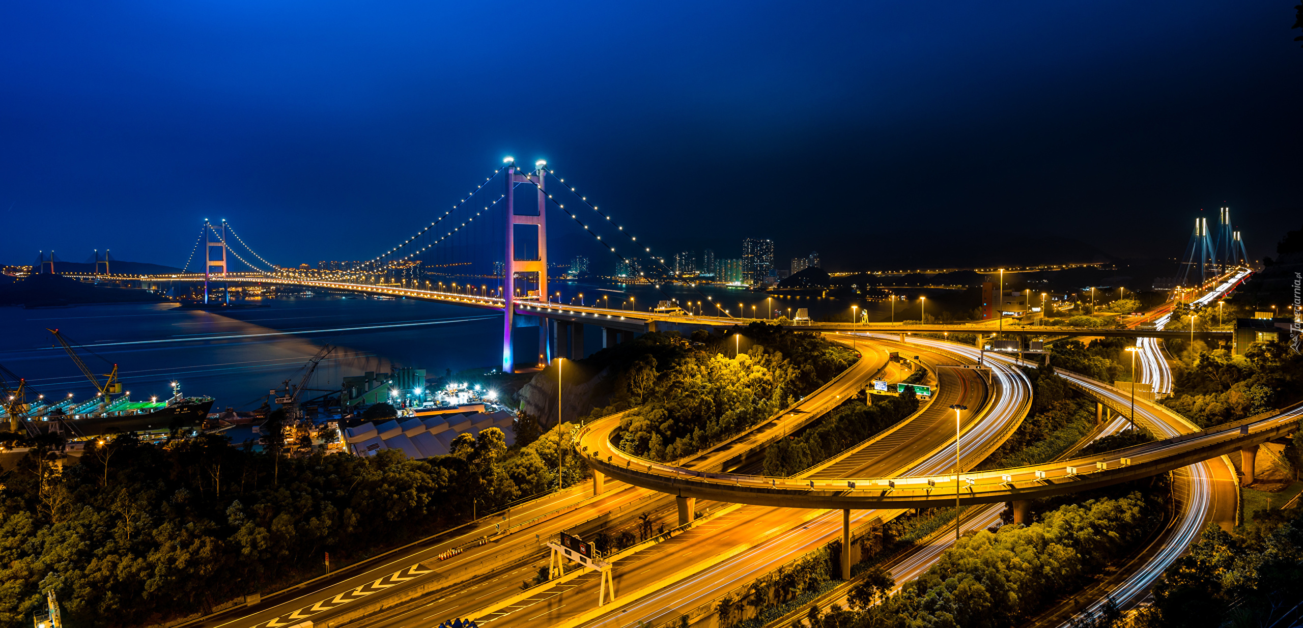 Chiny, Miasto, Hongkong, Most Tsing Ma, Droga, Światła, Noc Miasto nocą