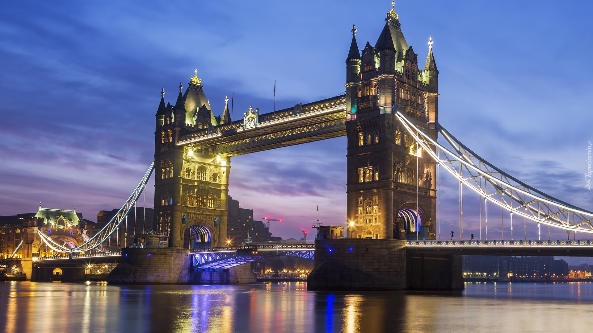 Anglia, Londyn, Rzeka Tamiza, Most, Tower Bridge, Noc, Światła