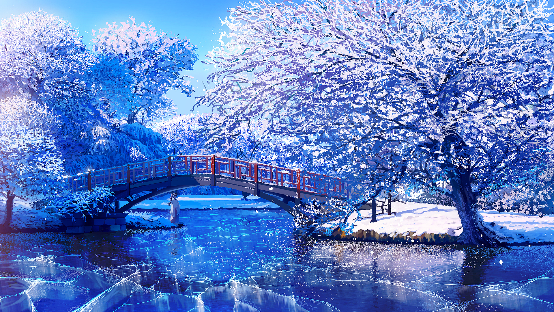 Most, Rzeka, Dziewczyna, Drzewa, Zima, Śnieg, Grafika