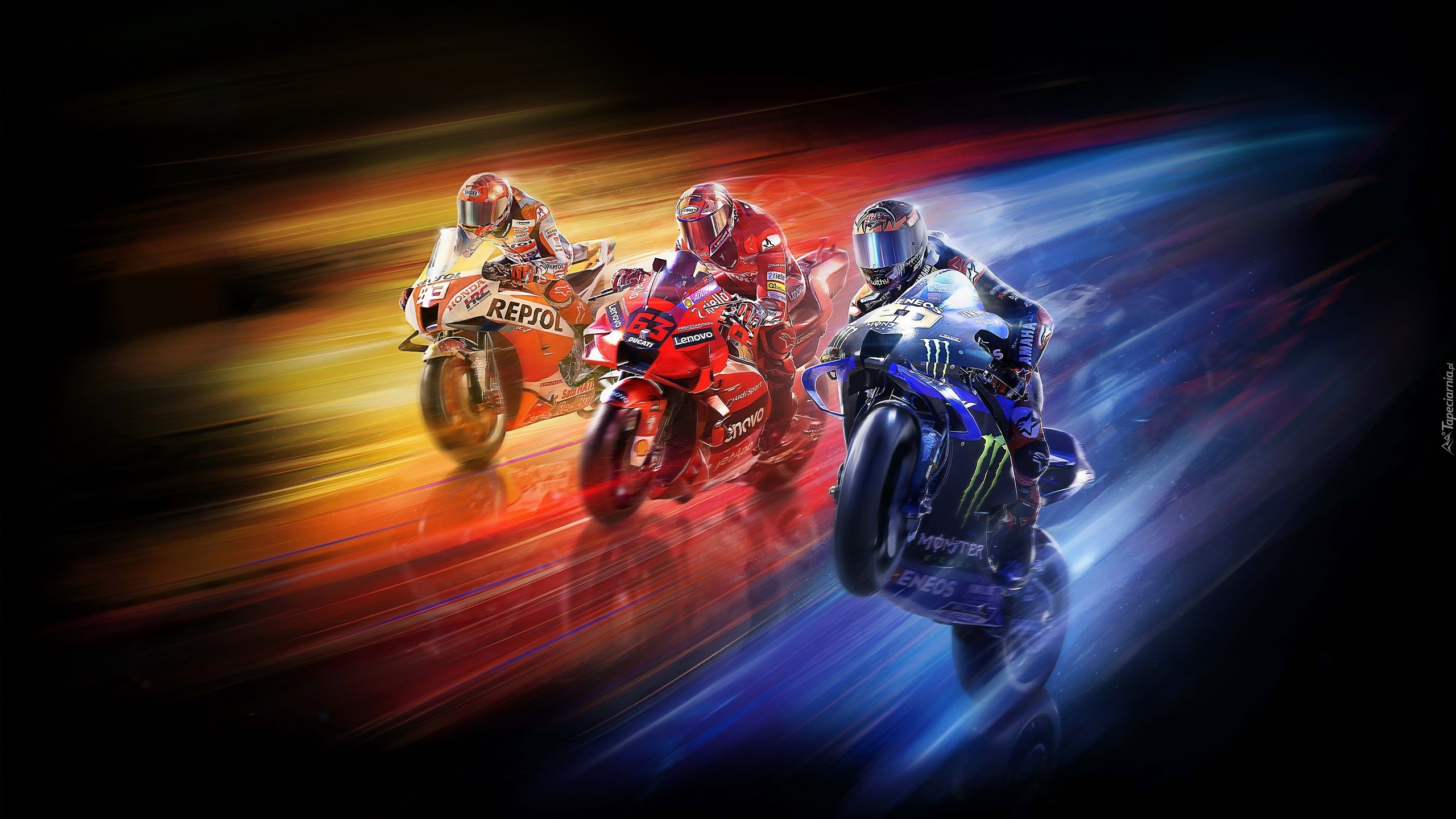 Gra, MotoGP, Motocykle, Honda, Ducati, Yamaha, Motocykliści, Ruch, Szybkość