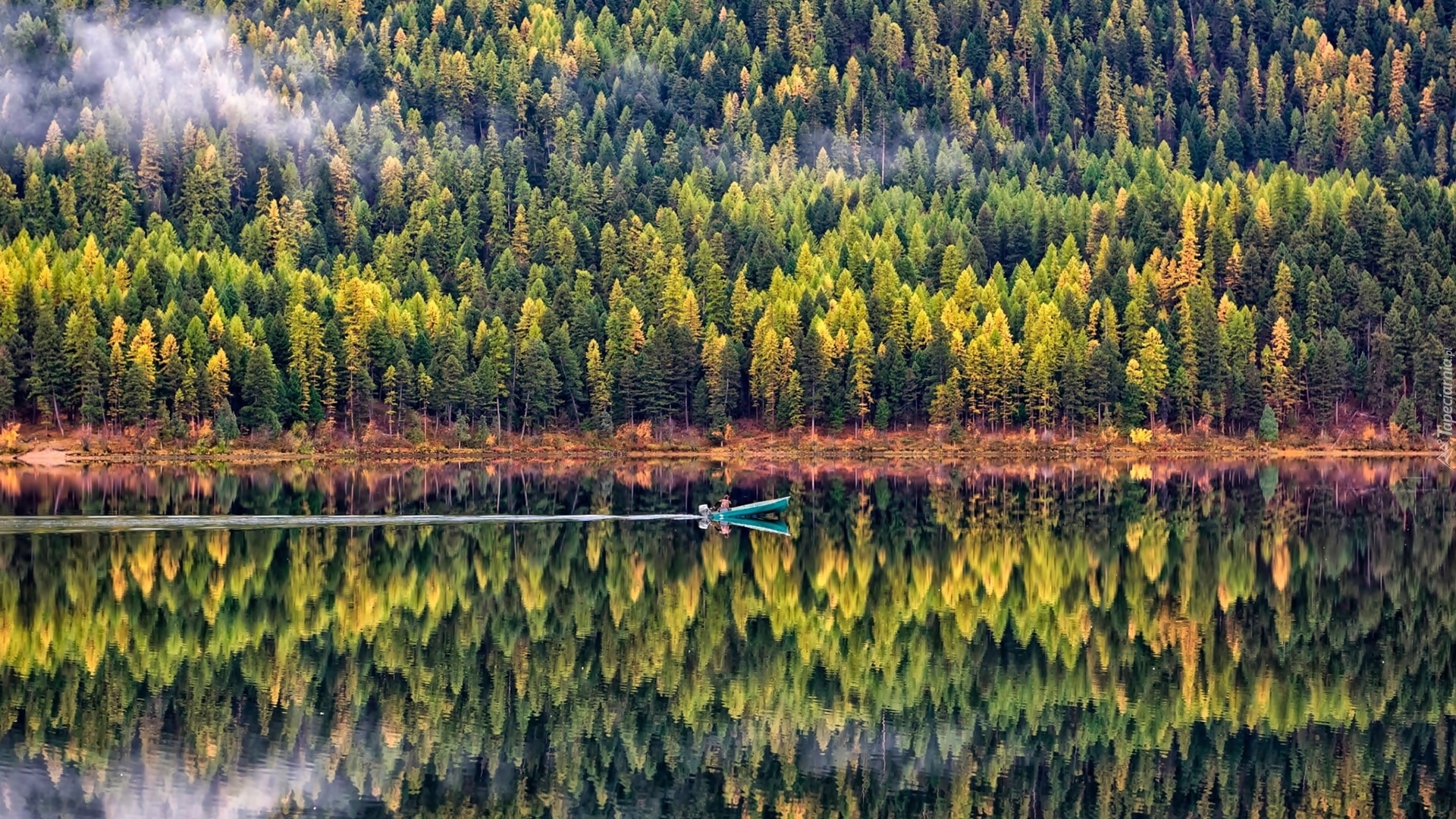 Jezioro, Łódka, Las, Kolorowe, Drzewa, Mgła, Jesień