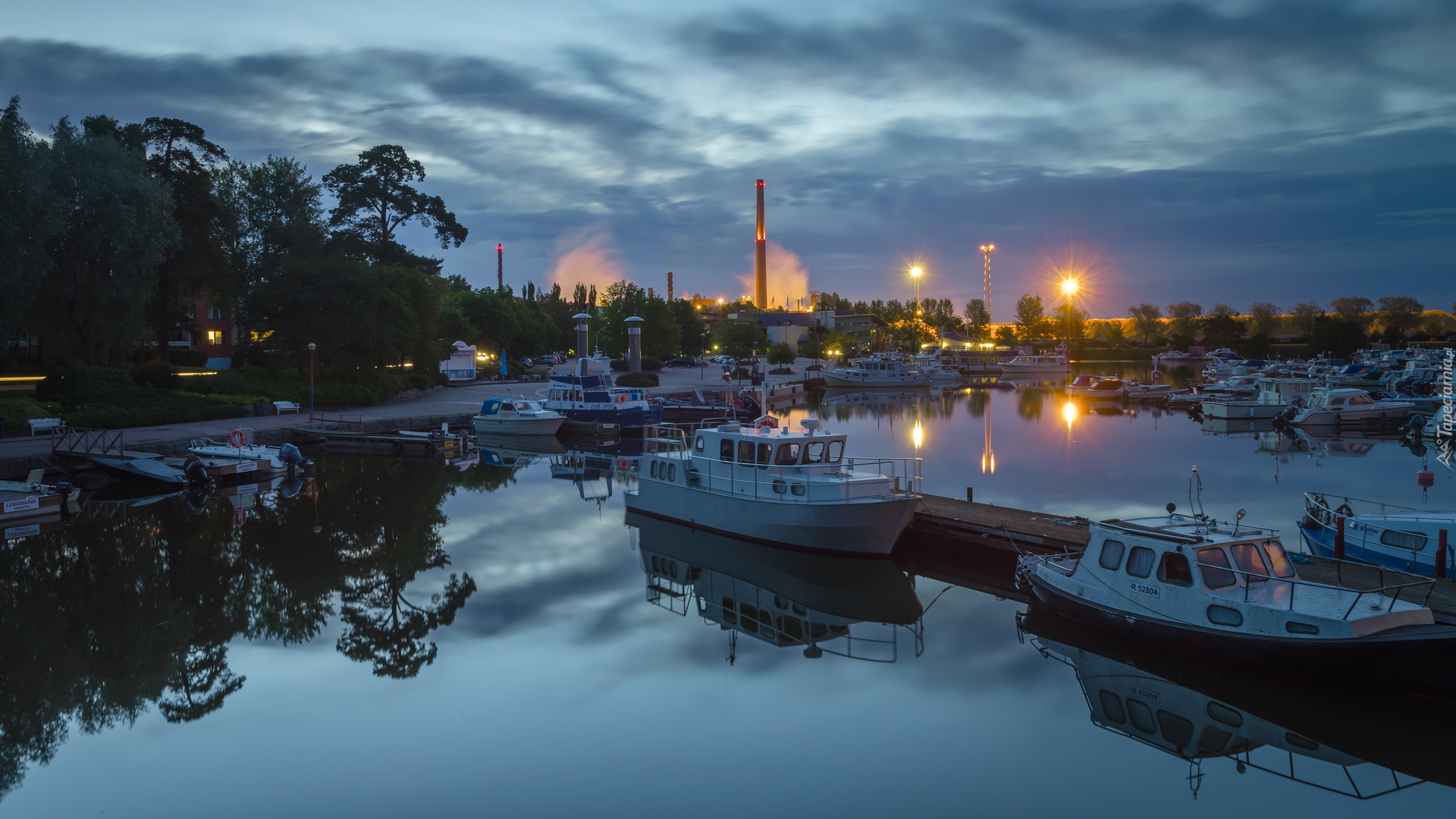 Przystań, Sapokka Harbor, Motorówki, Świt, Światła, Kotka, Finlandia