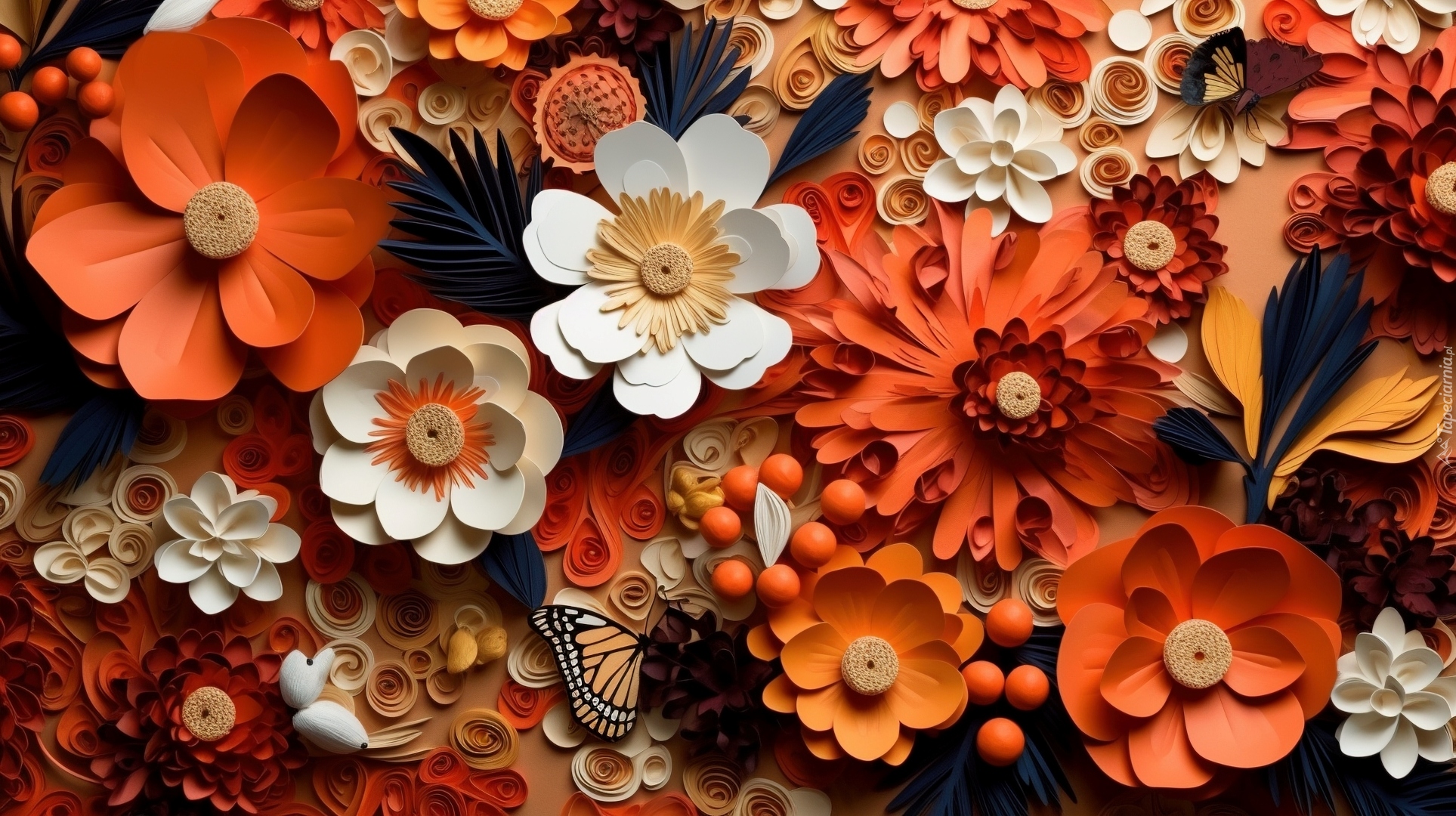 Kwiaty, Kolorowe, Liście, Motyl, Grafika