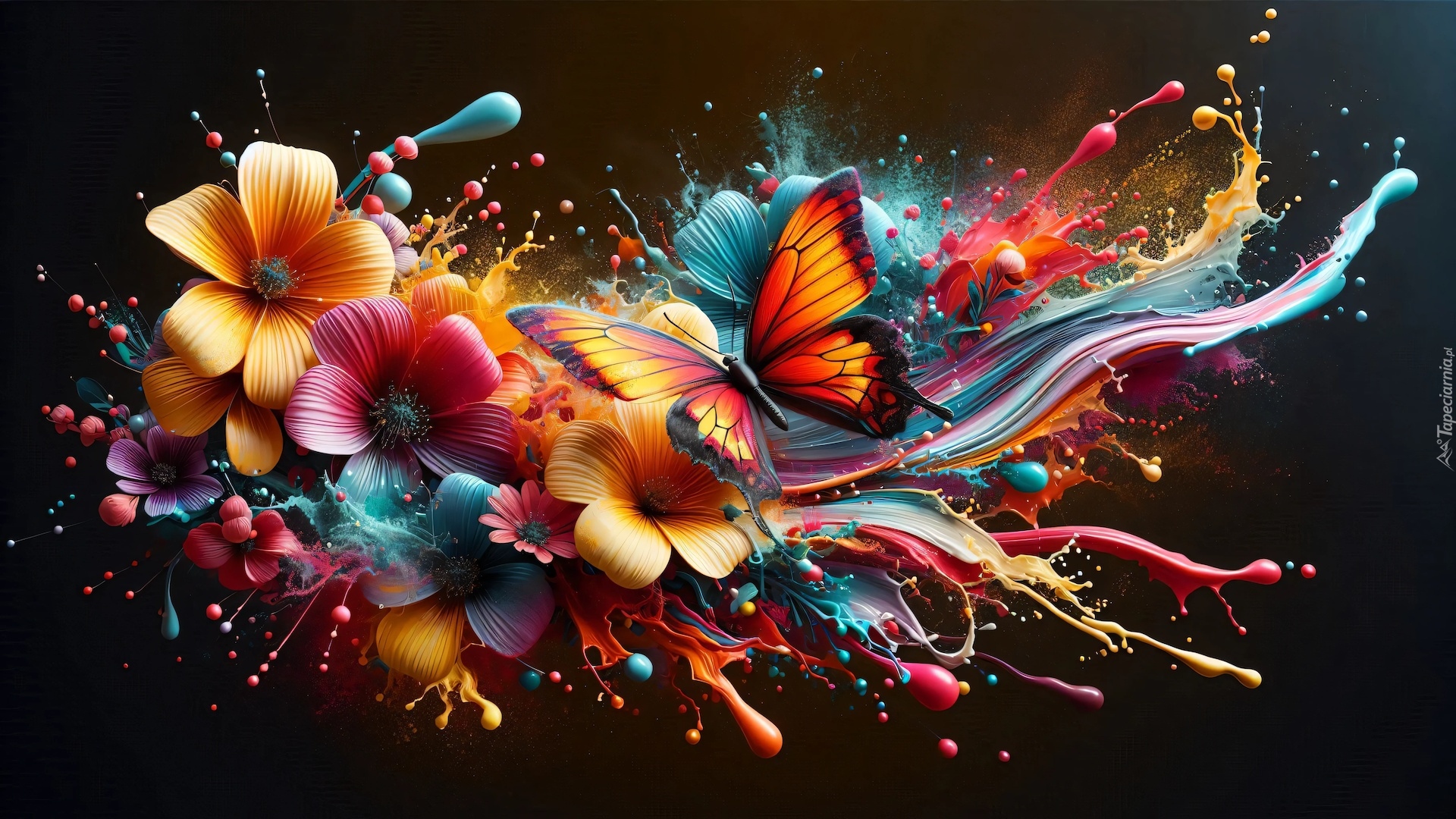 Grafika, Kwiaty, Kolorowe, Motyl, Farby