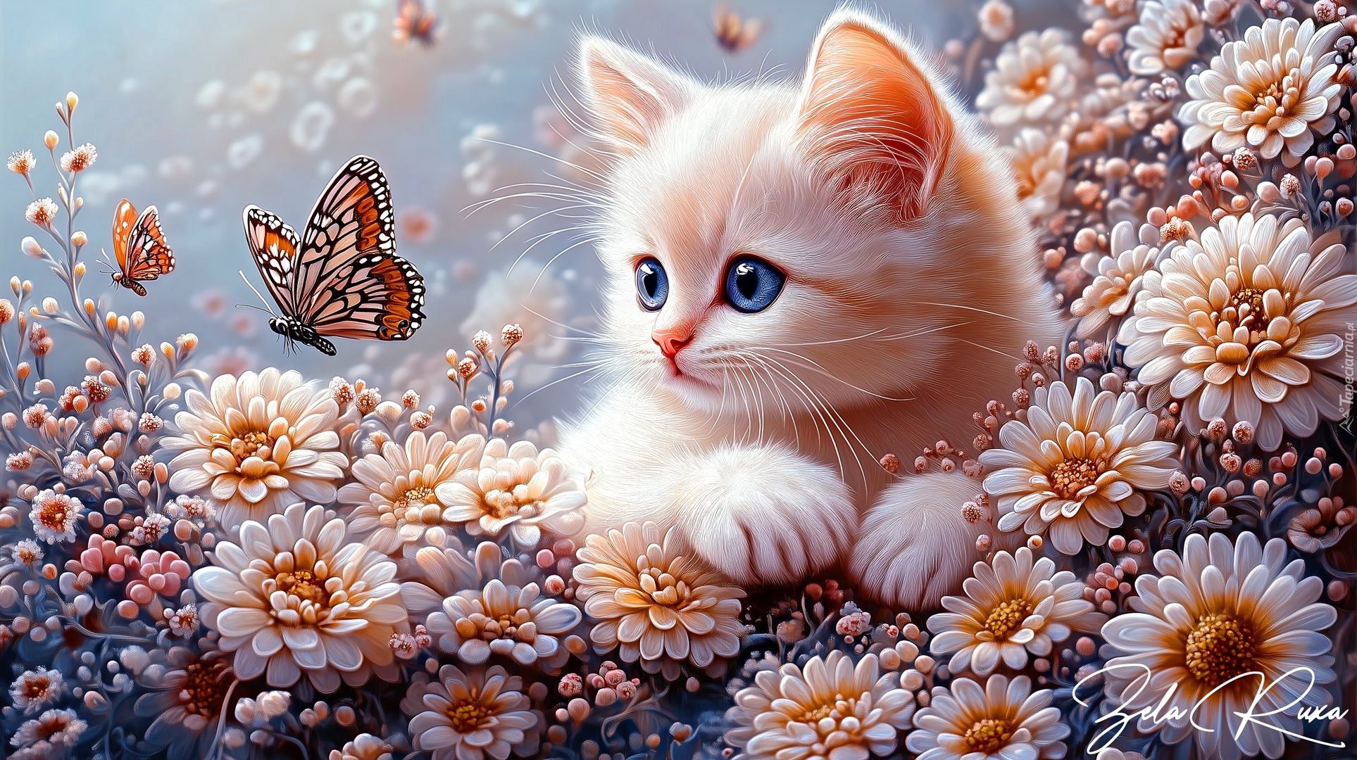 Kot, Kotek, Kwiaty, Motyle, Grafika AI